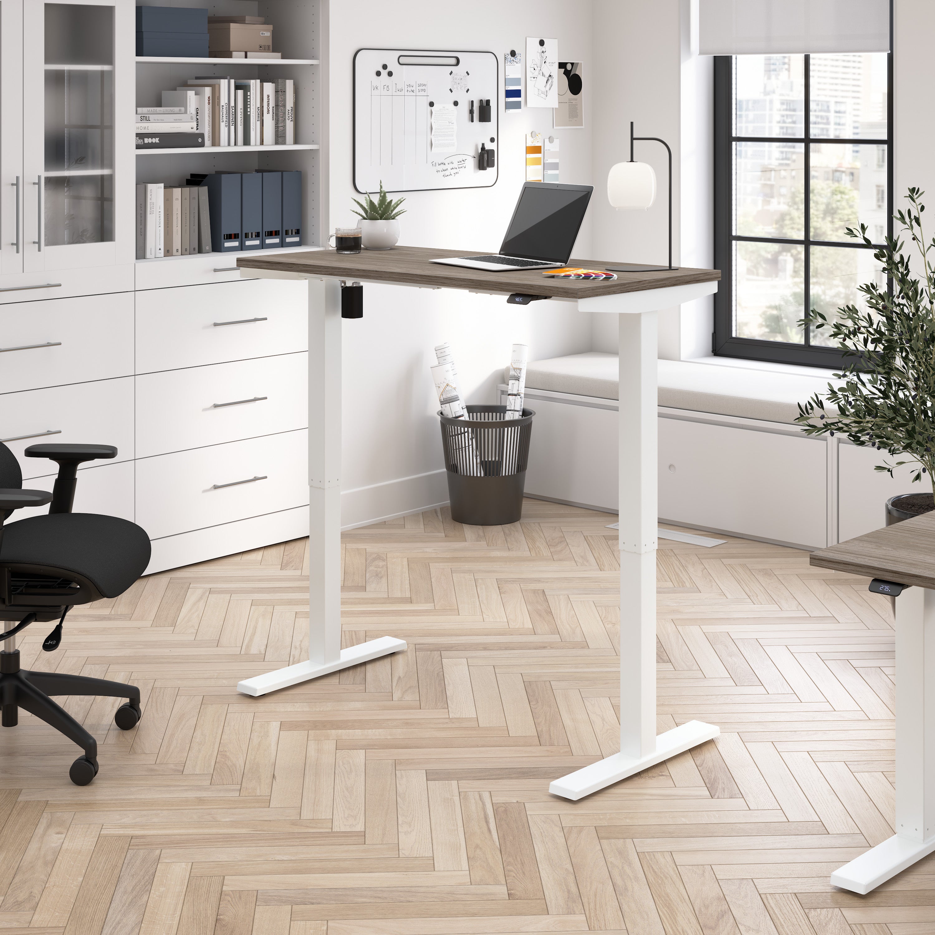 Bush Business Furniture Move 40 Series 48W x 24D Electric Height Adjustable Standing Desk in Modern Hickory with White Base - 47.6" Width x 23.35" Depth x 28.17" Height