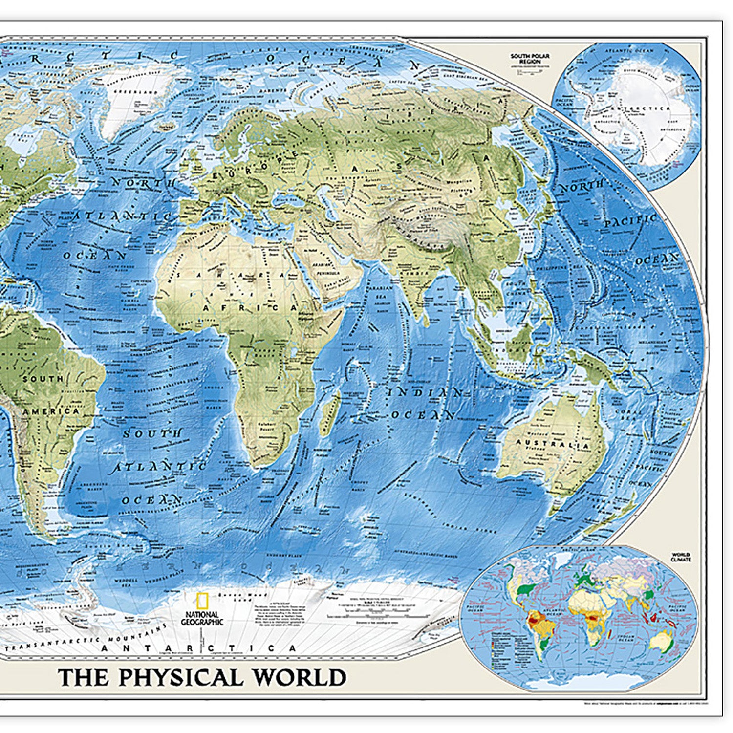 World Physical Map, Enlarged and Laminated, 69.25" x 46.25"