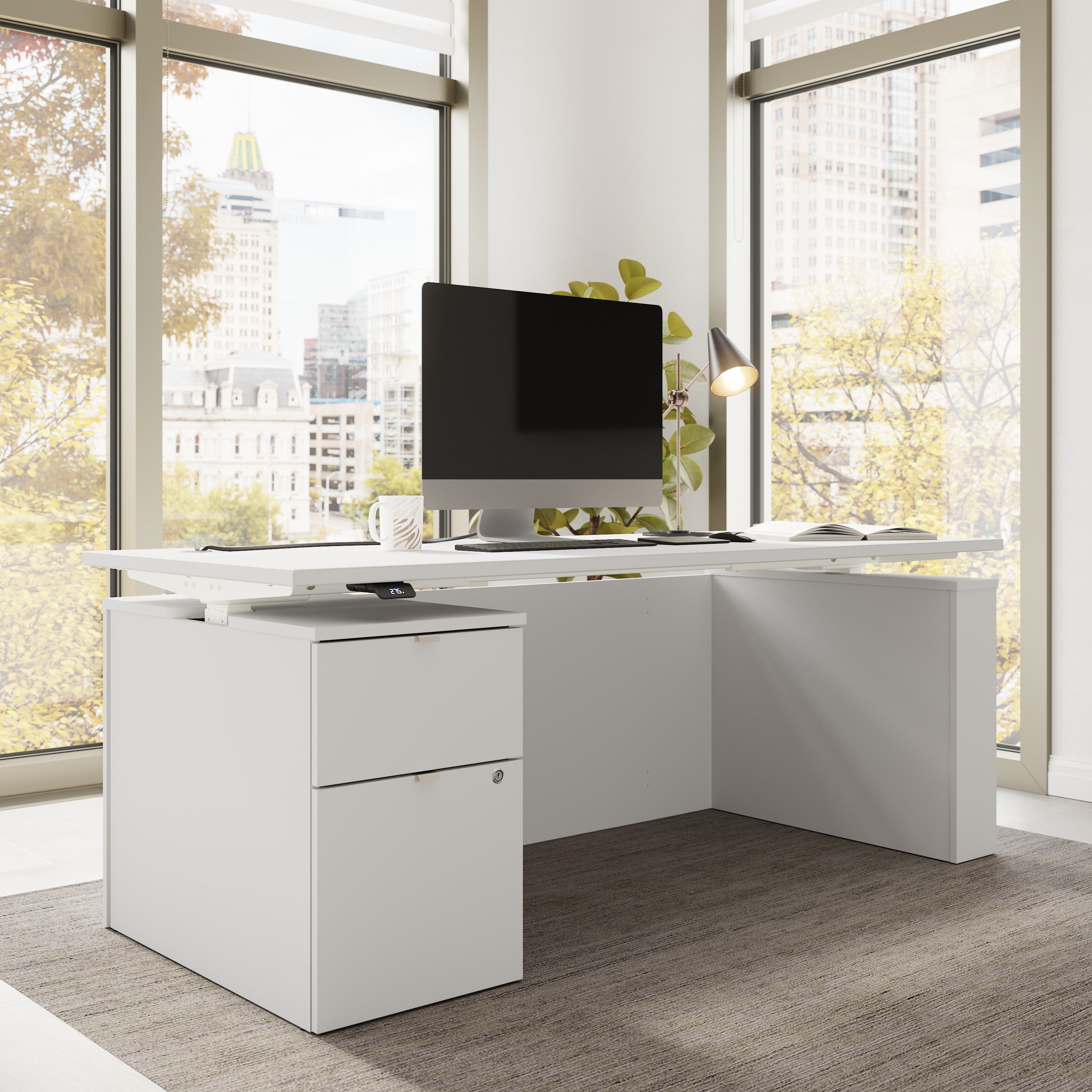 Bush Business Furniture Stratus&nbsp;72W x&nbsp;30D Eletric Height Adjustable Standing Desk with File Cabinet in White with White Base - 71.02" Width x 29.37" Depth x 27.44" Height