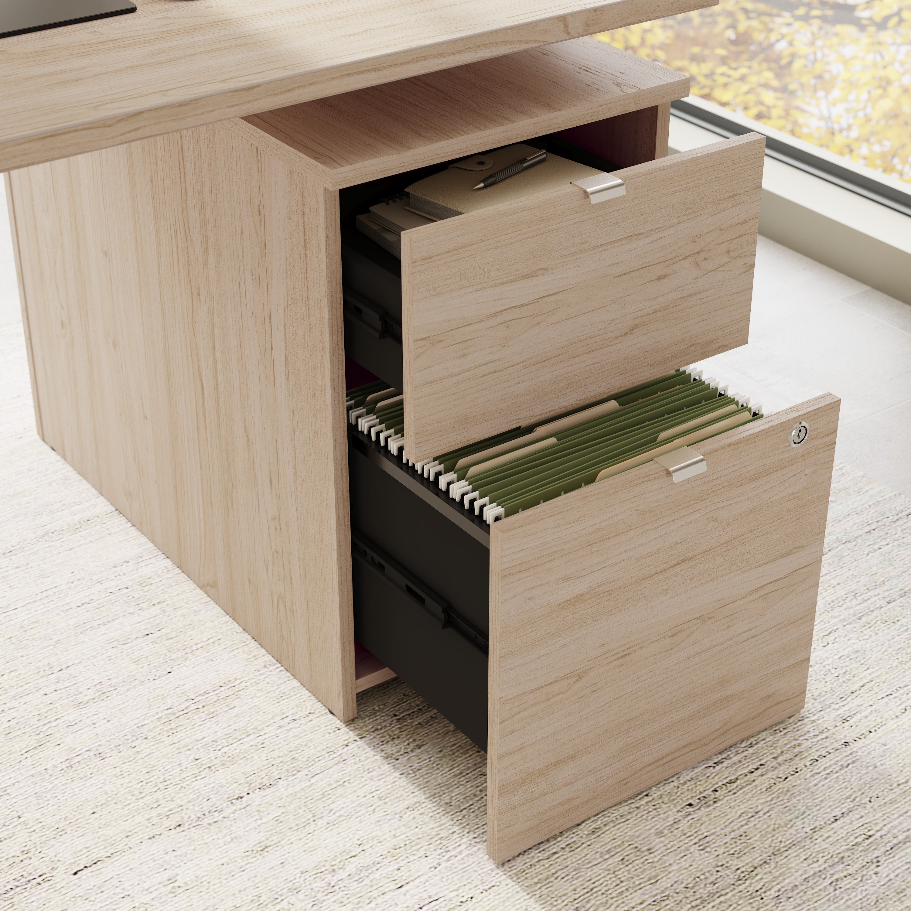 Bush Business Furniture Stratus&nbsp;72W x&nbsp;78D Height Adjustable L Shaped Standing Desk with File Cabinet in Natural Elm with White Base - 71.02" Width x 76.97" Depth x 27.44" Height