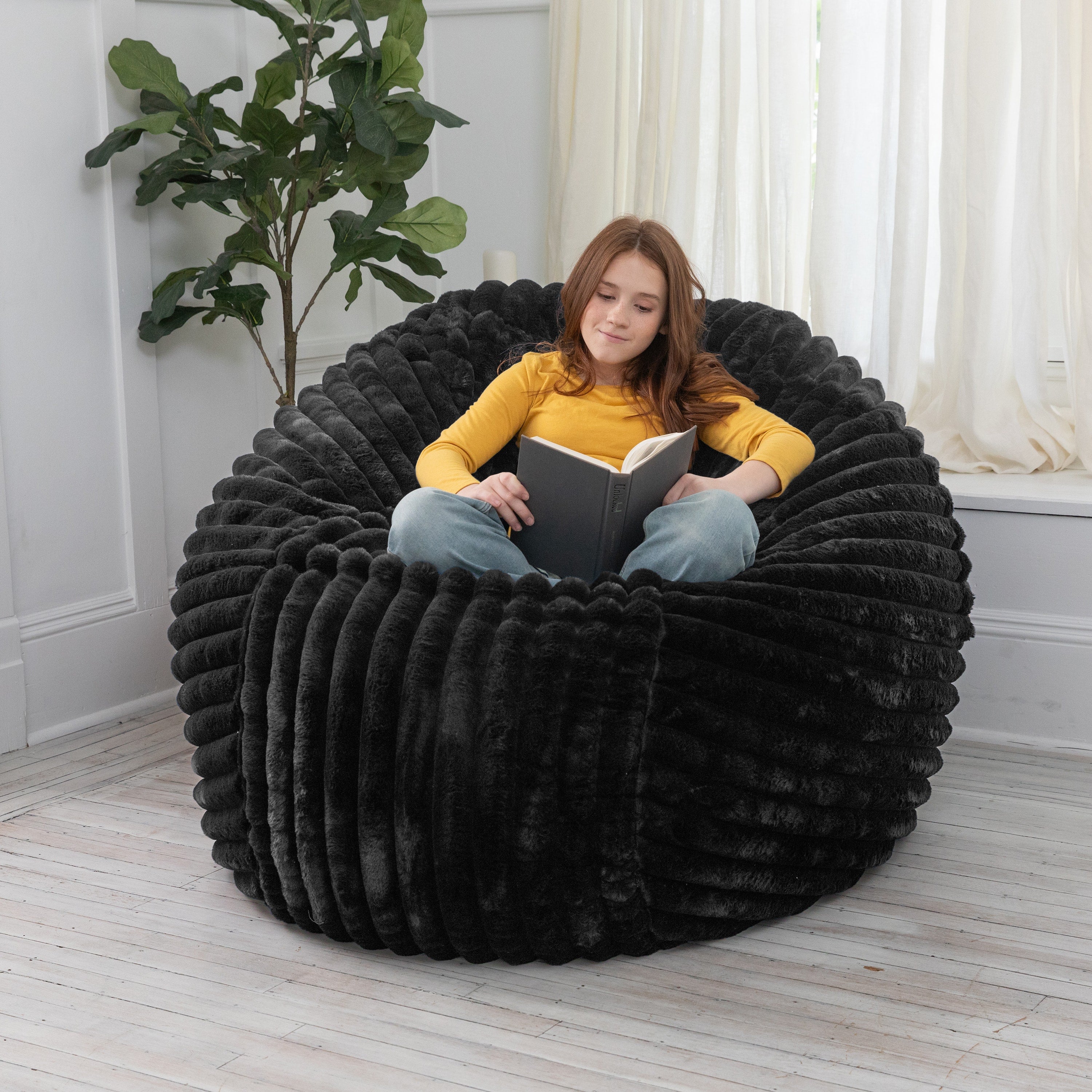 Jaxx 5 Foot Saxx Bean Bag Chair for Adults - Luxe Faux Fur, Mondo Black