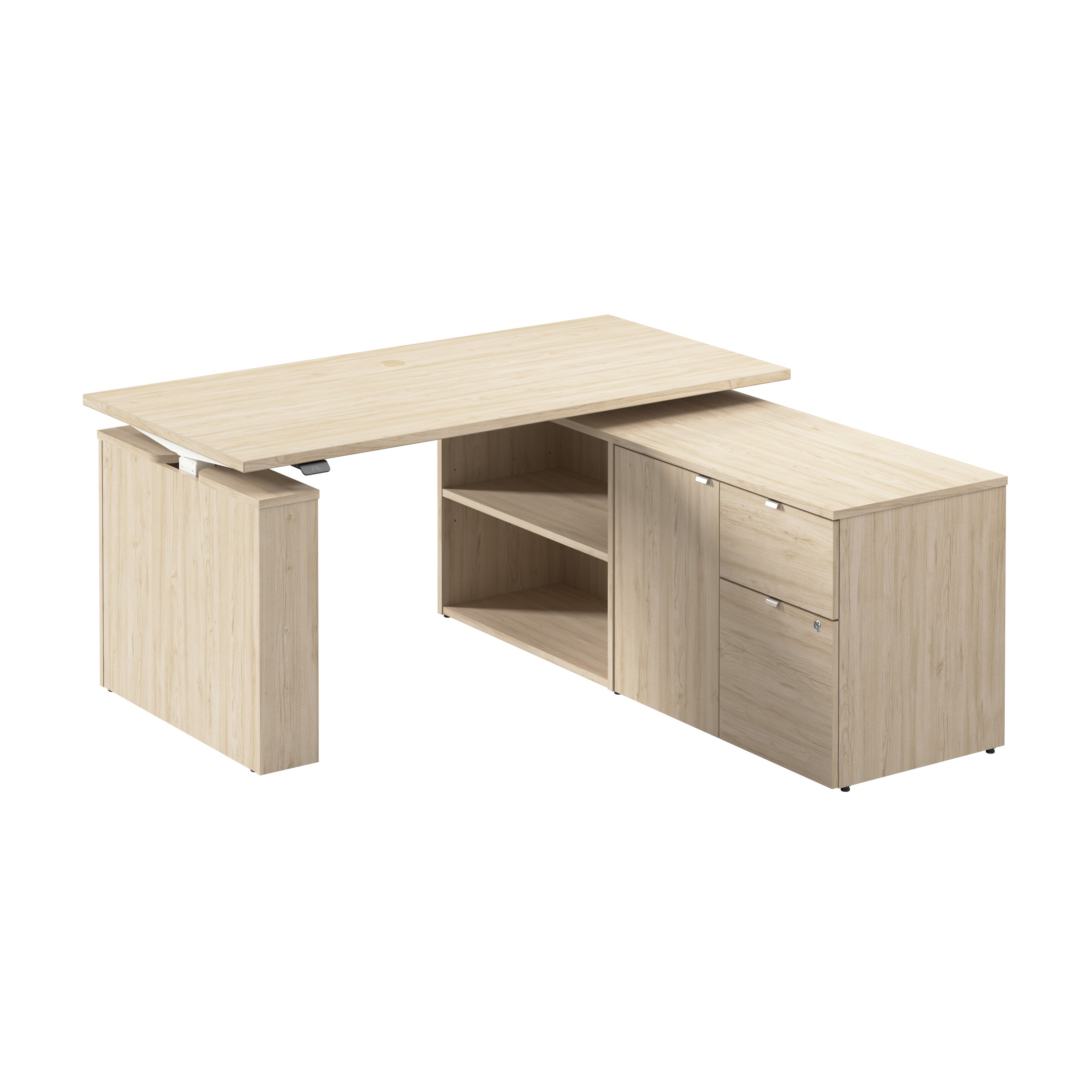 Bush Business Furniture Stratus&nbsp;60W x&nbsp;30D Electric Height Adjustable Standing Desk with Storage in Natural Elm with White Base - 59.45" Width x 29.37" Depth x 27.44" Height