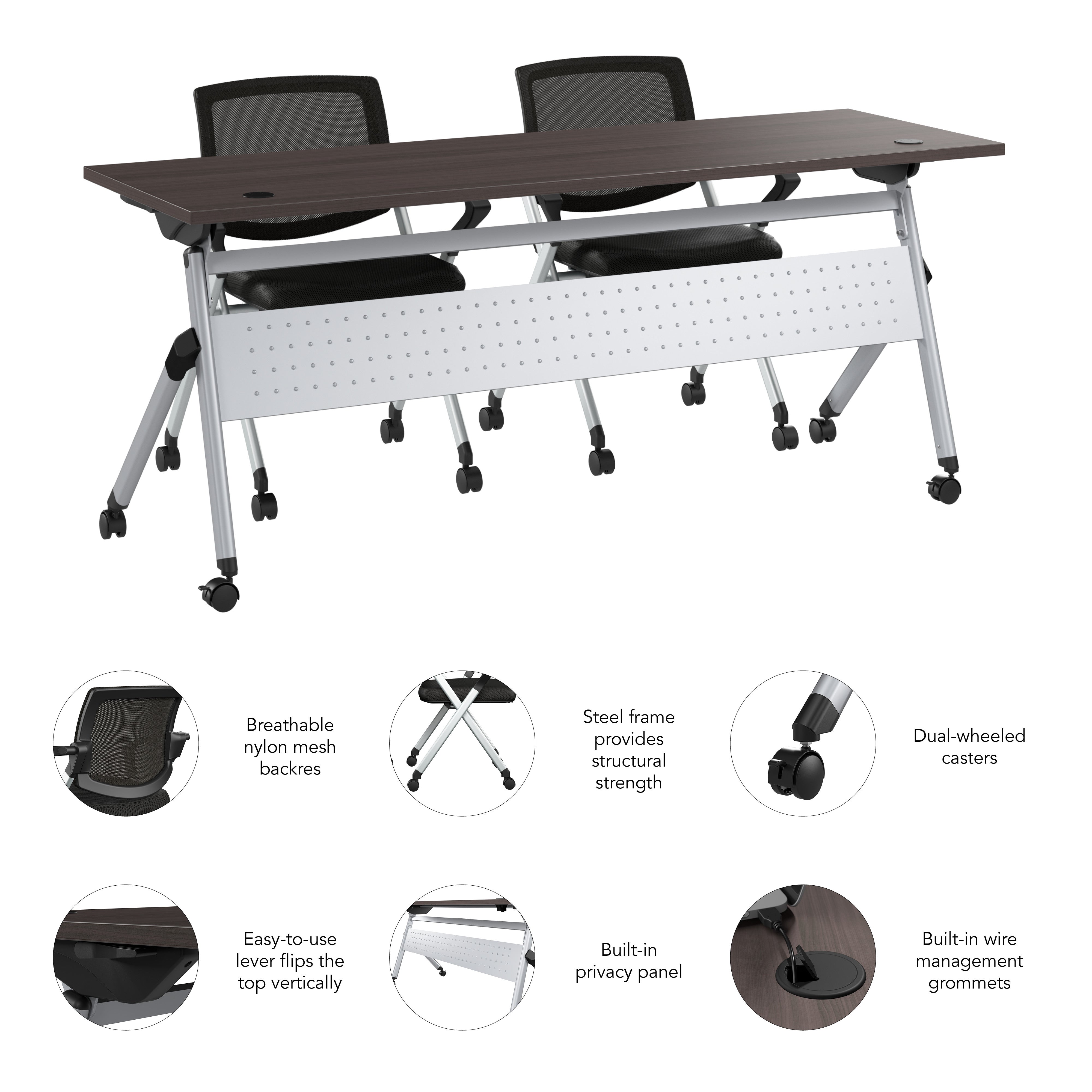 Bush Business Furniture Envision 72W Folding Training Table and 2 Folding Chairs with Arms in Storm Gray - 71.02" Width x 23.54" Depth x 32.87" Height