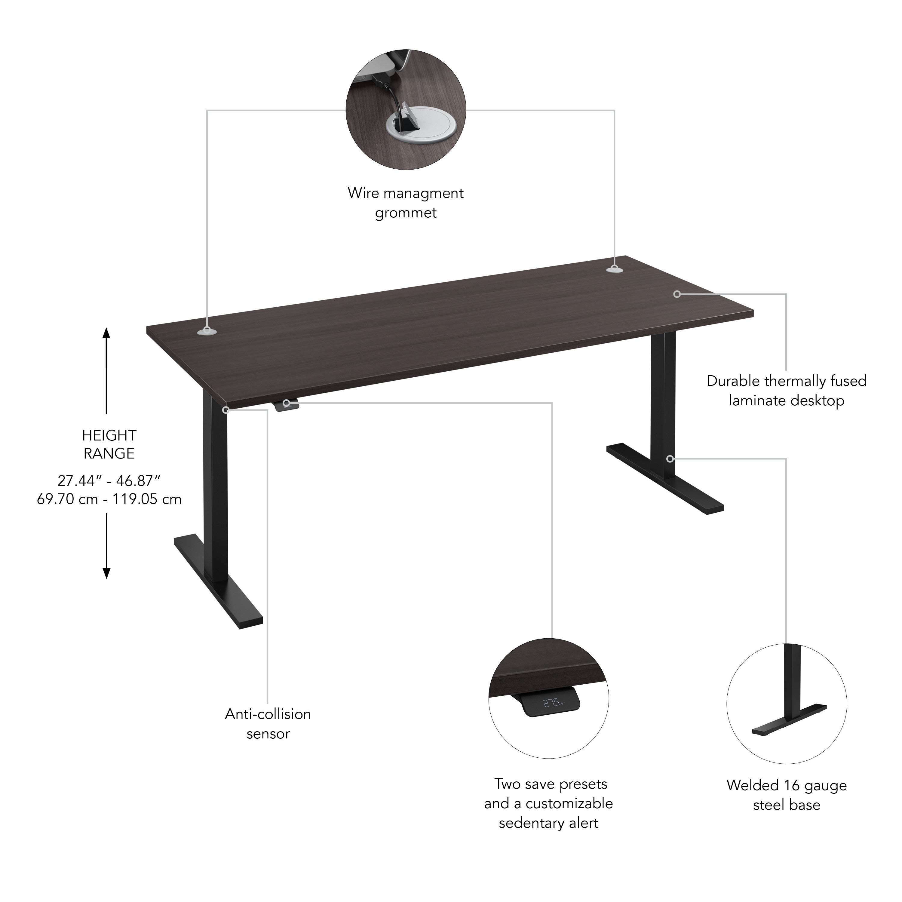 Bush Business Furniture Move 60 Series 72W x 30D Electric Height Adjustable Standing Desk in Storm Gray with Black Base - 71.02" Width x 29.37" Depth x 47.69" Height