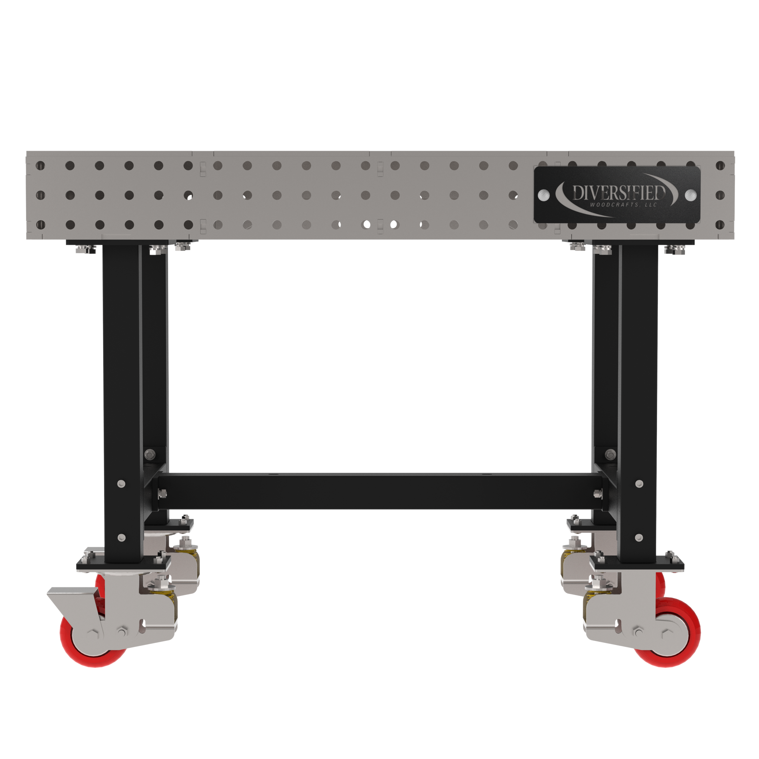 Welding Fixture Table, Fixed Height, 36"H x 48"L x 30"D, 1/4" Carbon Steel Top, Four Black  Powdercoat Legs, 4 Heavy Duty Suspension Casters (2 Locking/Swiveling Casters and 2 Non-Locking/Non-SwivelingCasters)