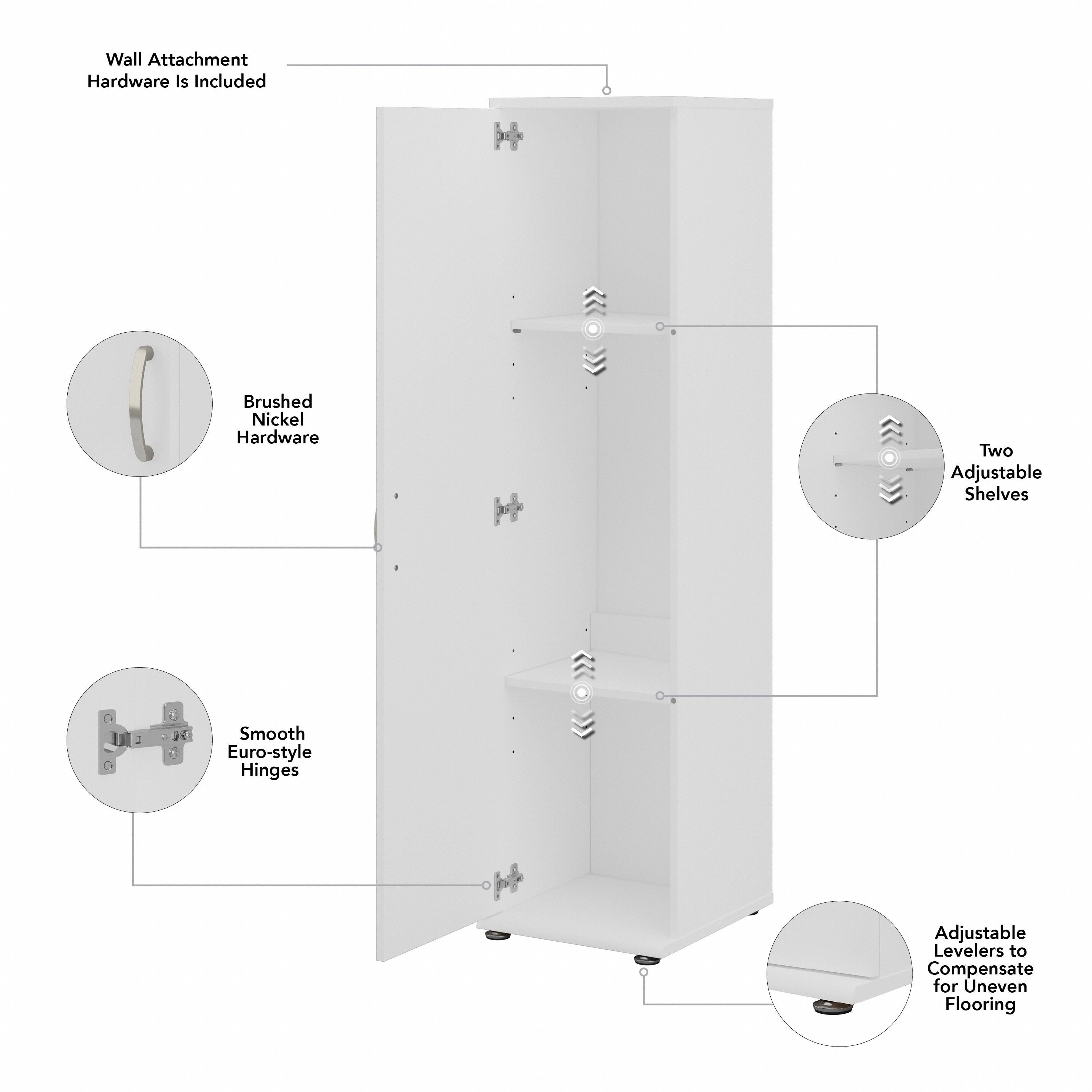 Bush Business Furniture Universal Tall Narrow Storage Cabinet with Door and Shelves in White - 15.67" Width x 17.2" Depth x 61.81" Height