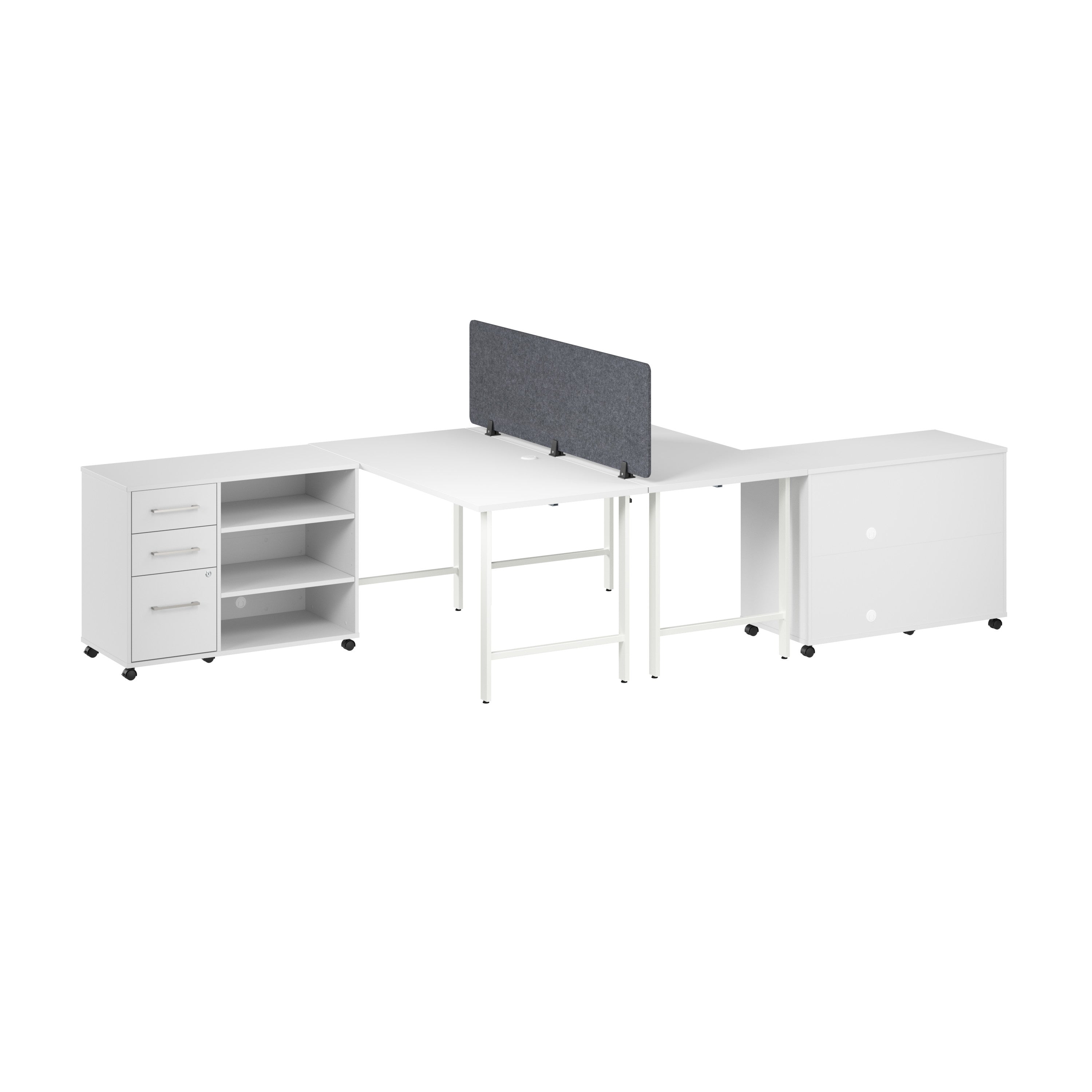 Bush Business Furniture Hustle 2 Person Computer Desk with Mobile Storage Cabinets, Power Grommets, and Privacy Screen in White - 59.44" Width x 29.37" Depth x 30.07" Height