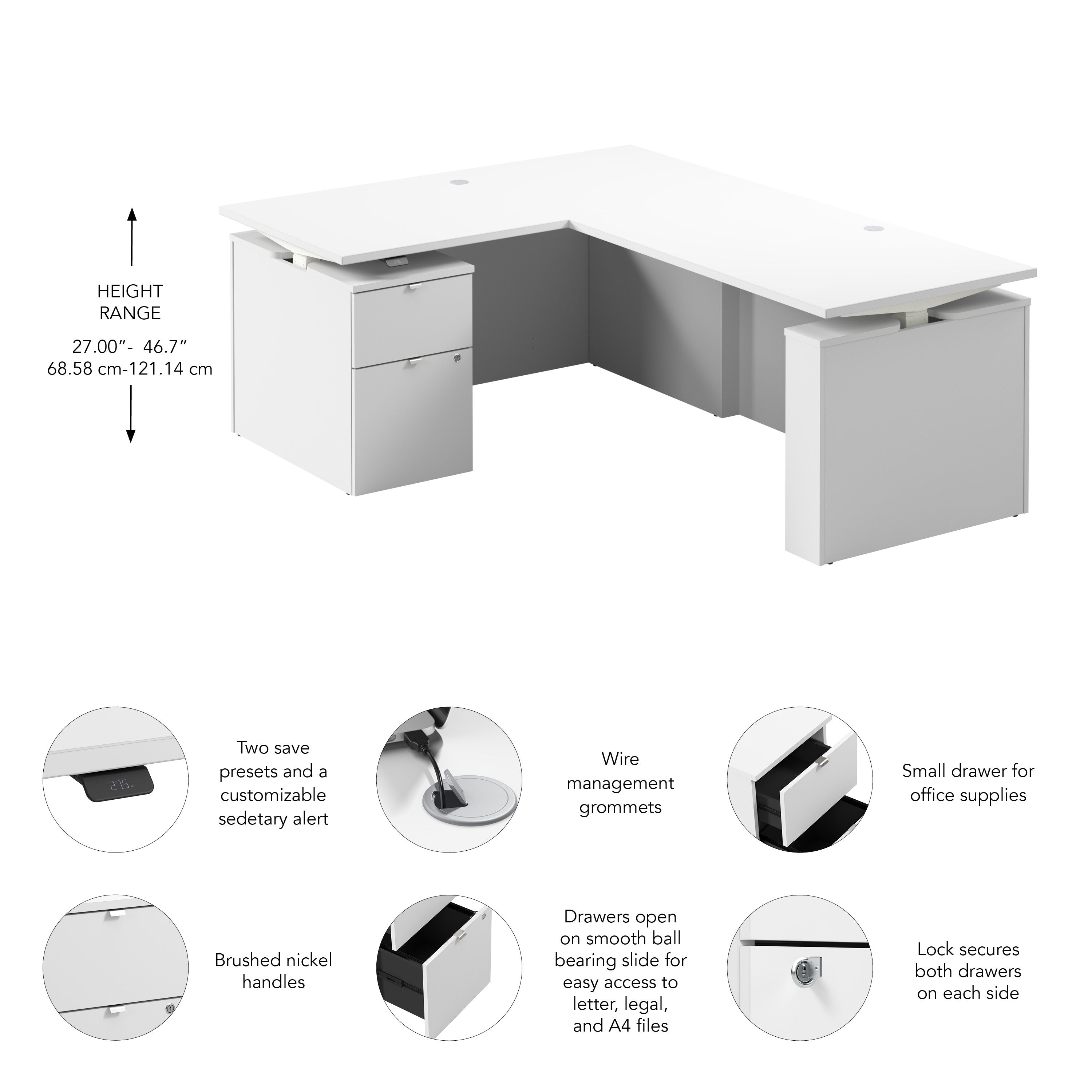 Bush Business Furniture Stratus&nbsp;60W x&nbsp;78D Height Adjustable L Shaped Standing Desk with File Cabinet in White with White Base - 59.45" Width x 76.97" Depth x 27.44" Height