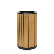 Round, 32-Gallon Outdoor Trash Container with Slatted Recycled Plastic Panels - Cedar
