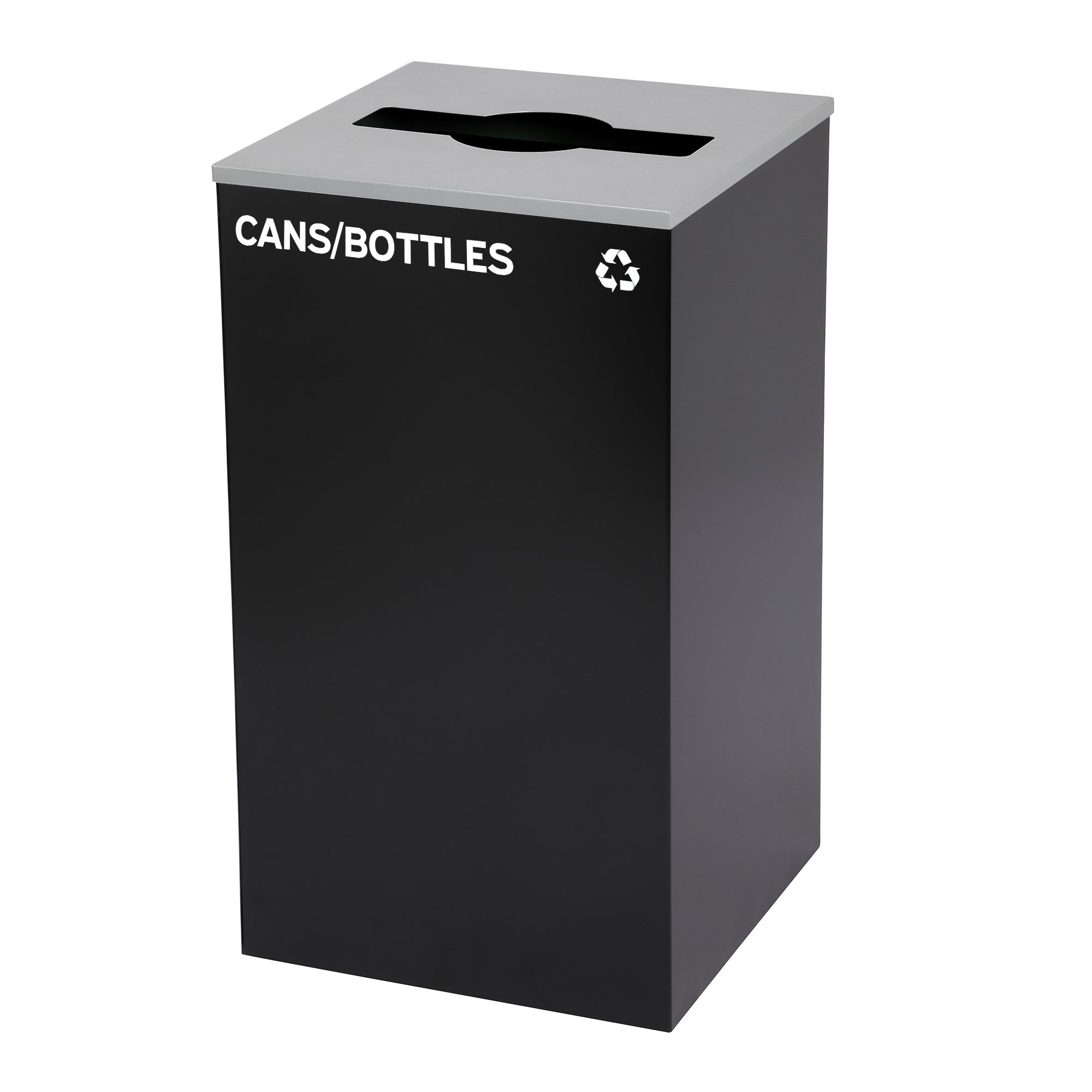 Square Recycling Bin – 29 Gallons - Black Can, Mixed Opening Lid, for Cans/Bottles