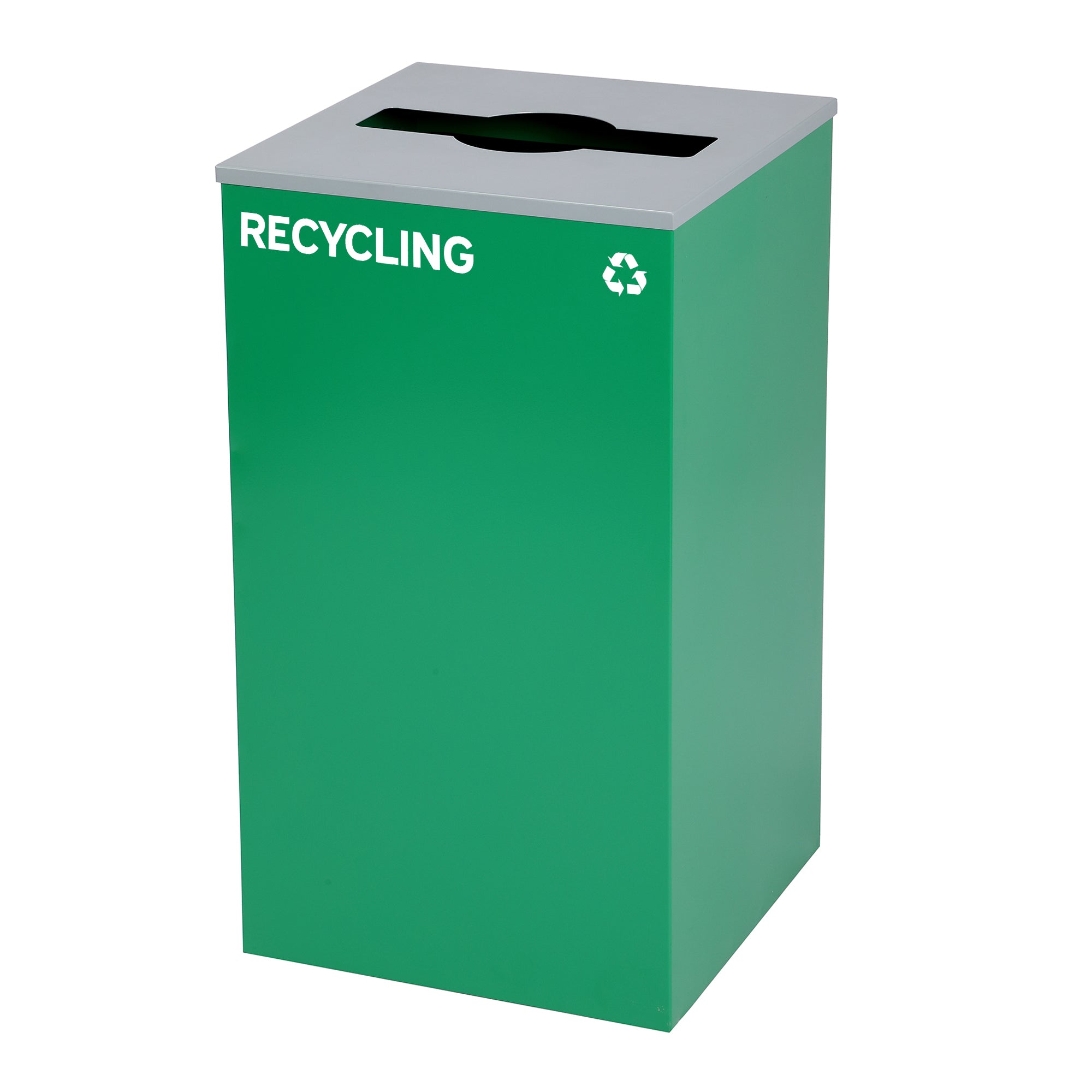 Square Recycling Bin – 29 Gallons - Green Can, Mixed Opening Lid, for Recycling