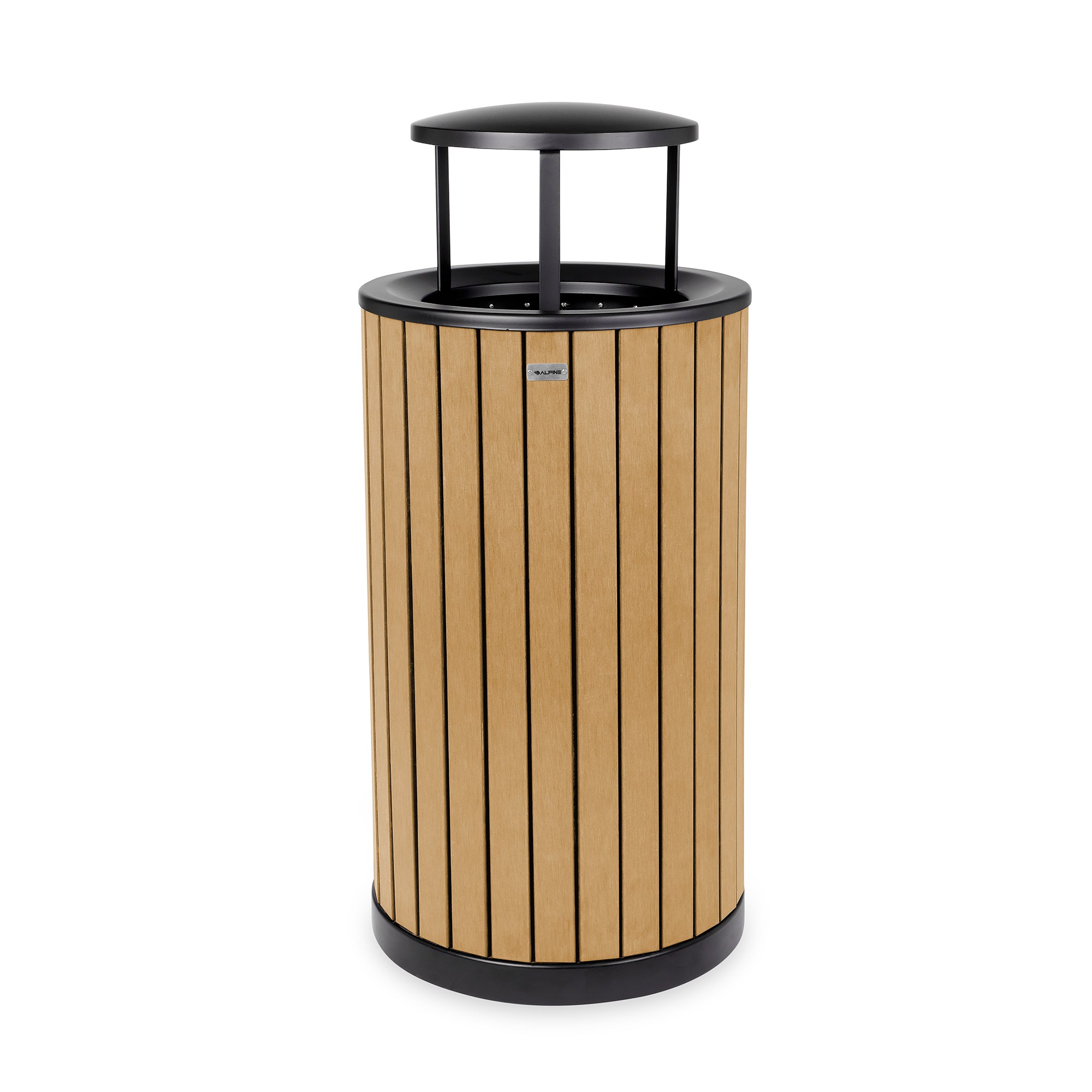 Round, 32-Gallon Outdoor Trash Container with Slatted Recycled Plastic Panels - Rain Bonnet Lid - Cedar