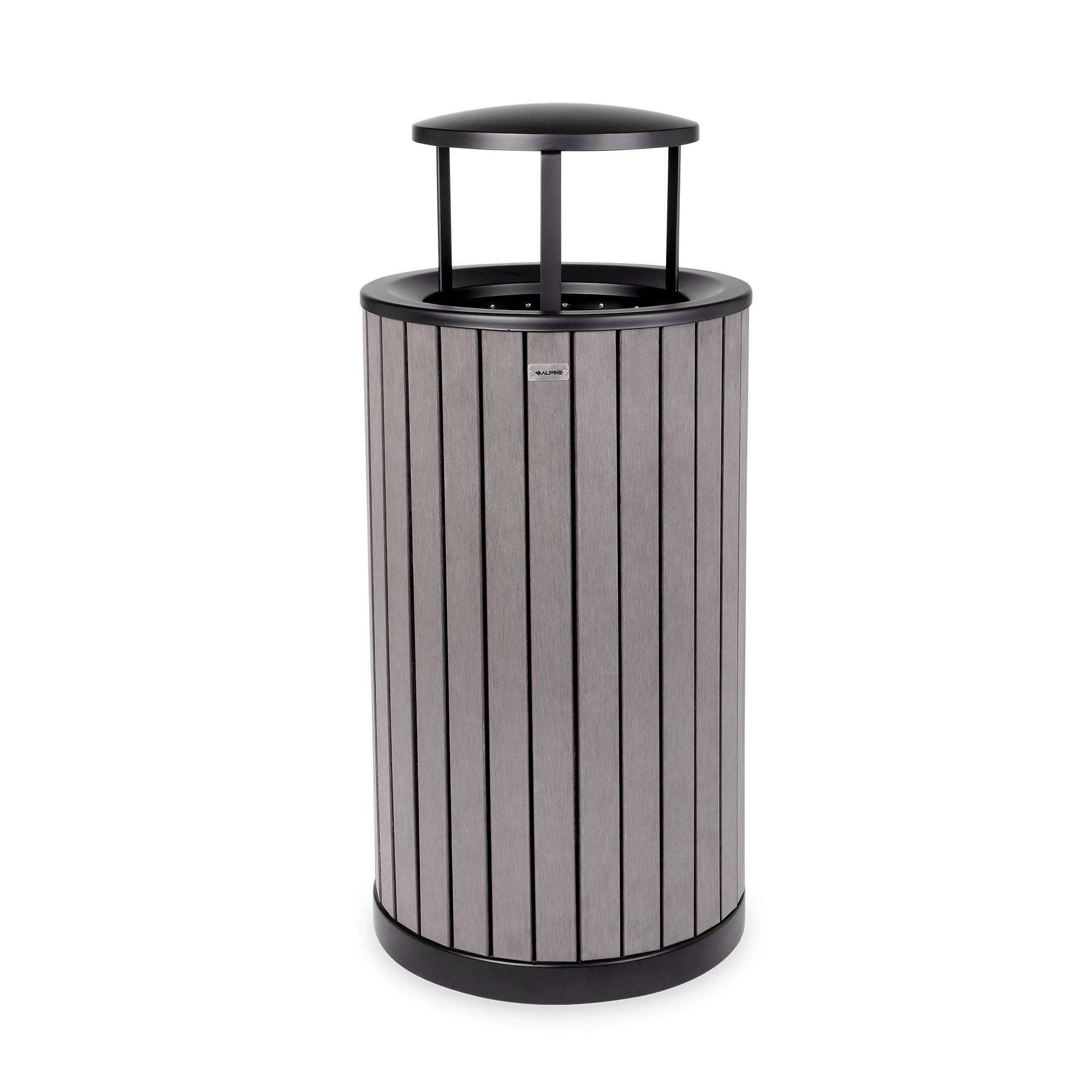 Round, 32-Gallon Outdoor Trash Container with Slatted Recycled Plastic Panels - Rain Bonnet Lid - Grey