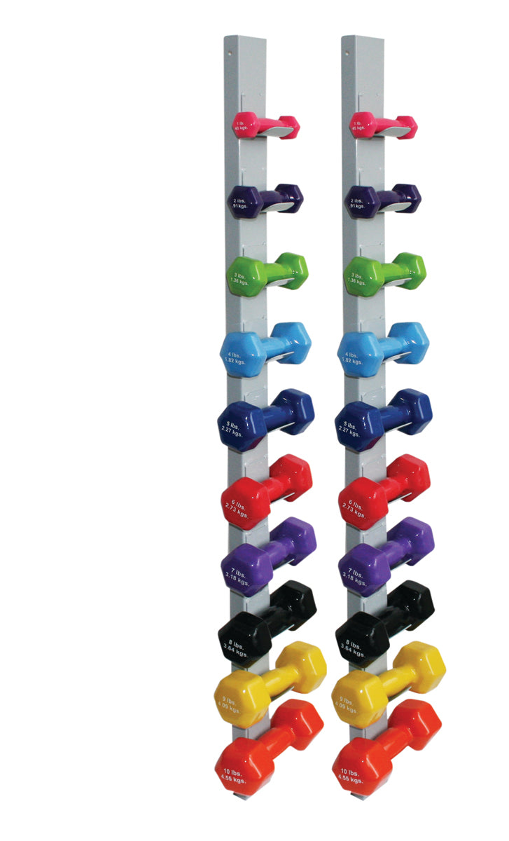 CanDo Vinyl Coated Dumbbell, 20 Piece Set with Wall Rack (2 Each: 1, 2, 3, 4, 5, 6, 7, 8, 9, 10 lb)