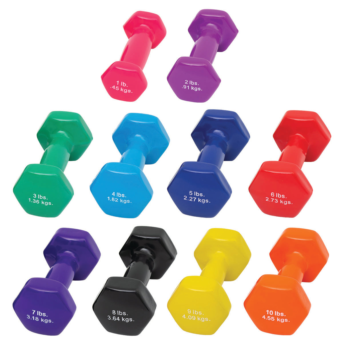 CanDo Vinyl Coated Dumbbell, 10 Piece Set (Each: 1, 2, 3, 4, 5, 6, 7, 8, 9, 10 lb)