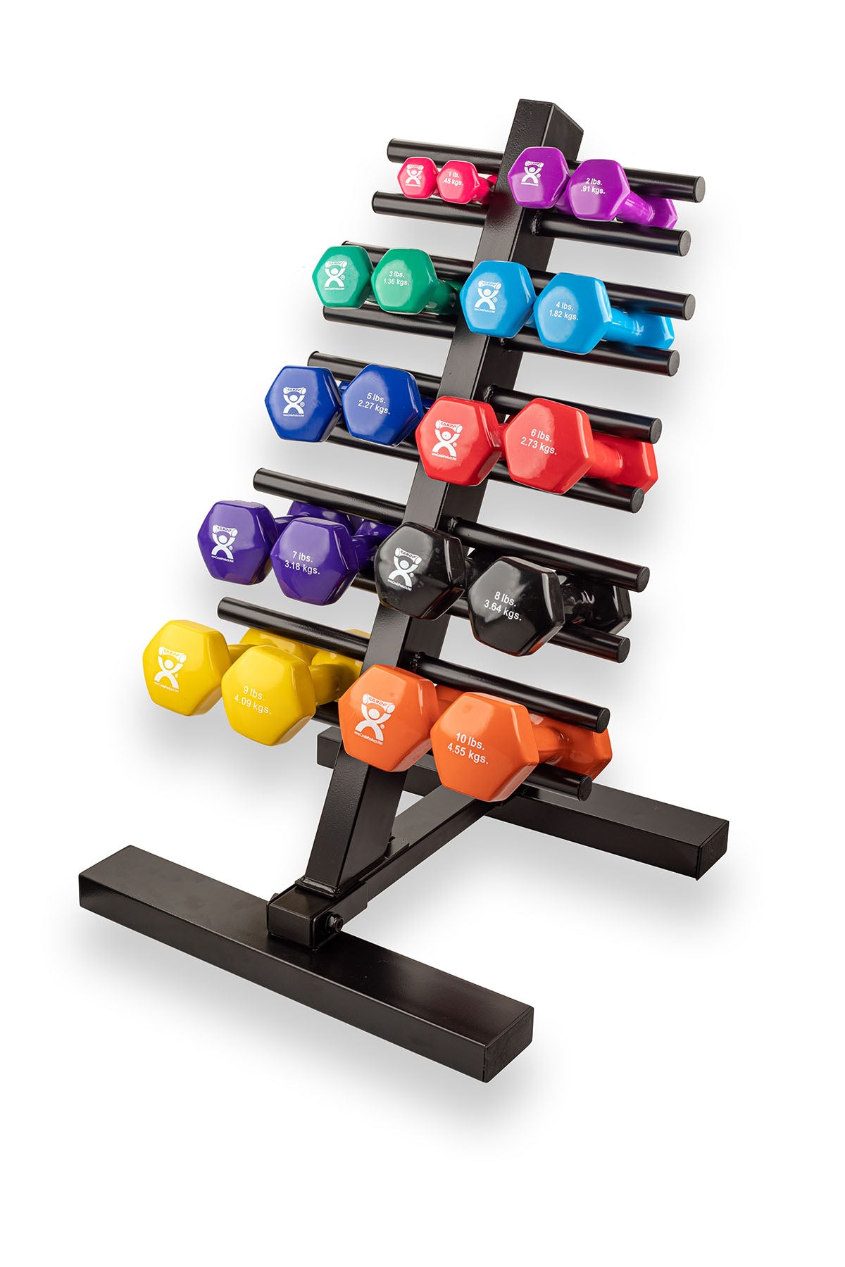 CanDo Vinyl Coated Dumbbell, 20 Piece Set with Floor Rack (2 Each: 1, 2, 3, 4, 5, 6, 7, 8, 9, 10 lb)