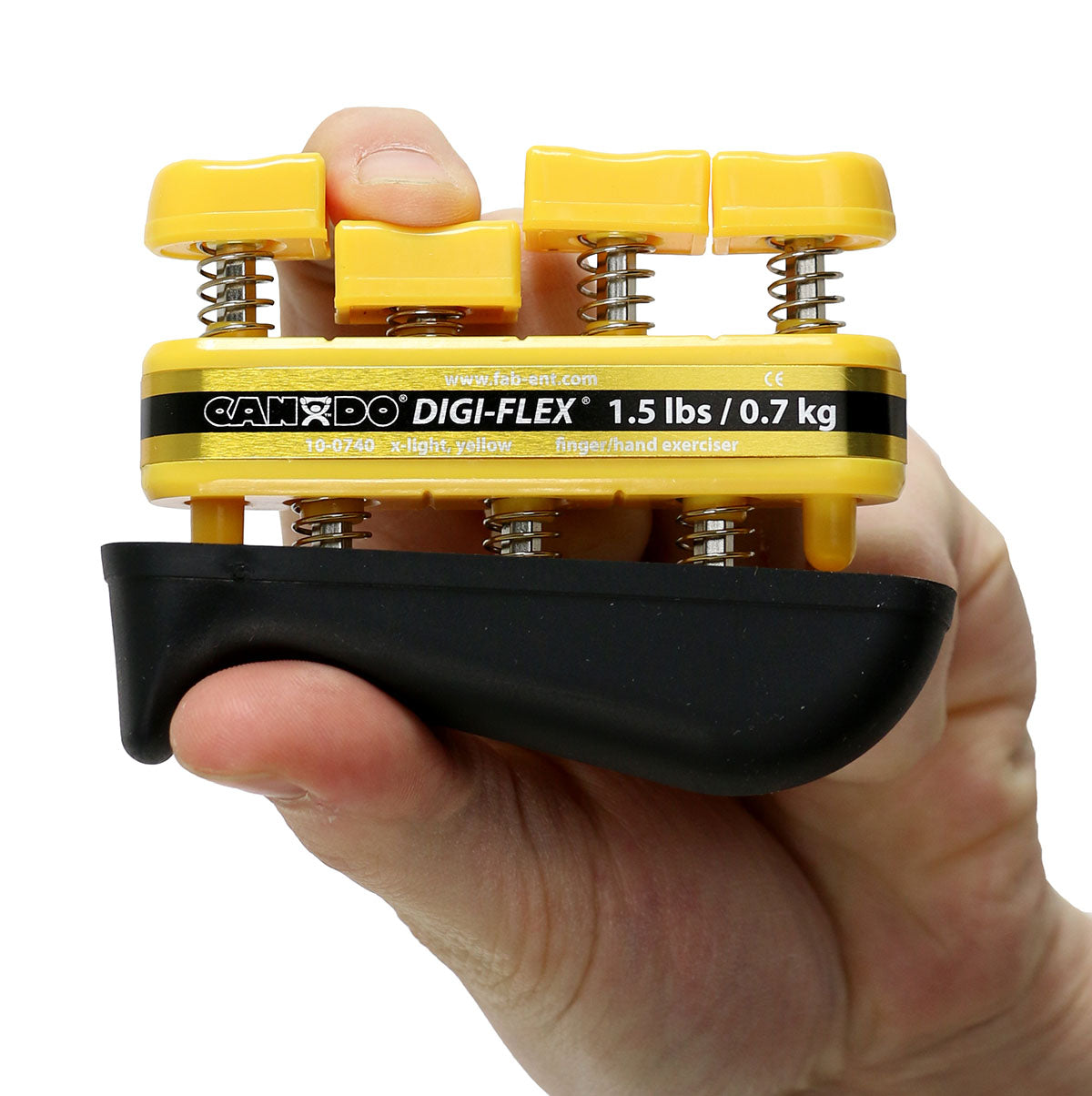 CanDo Digi-Flex hand exerciser - set of 8 (tan, yellow, red, green, blue, black, silver, gold), with metal rack