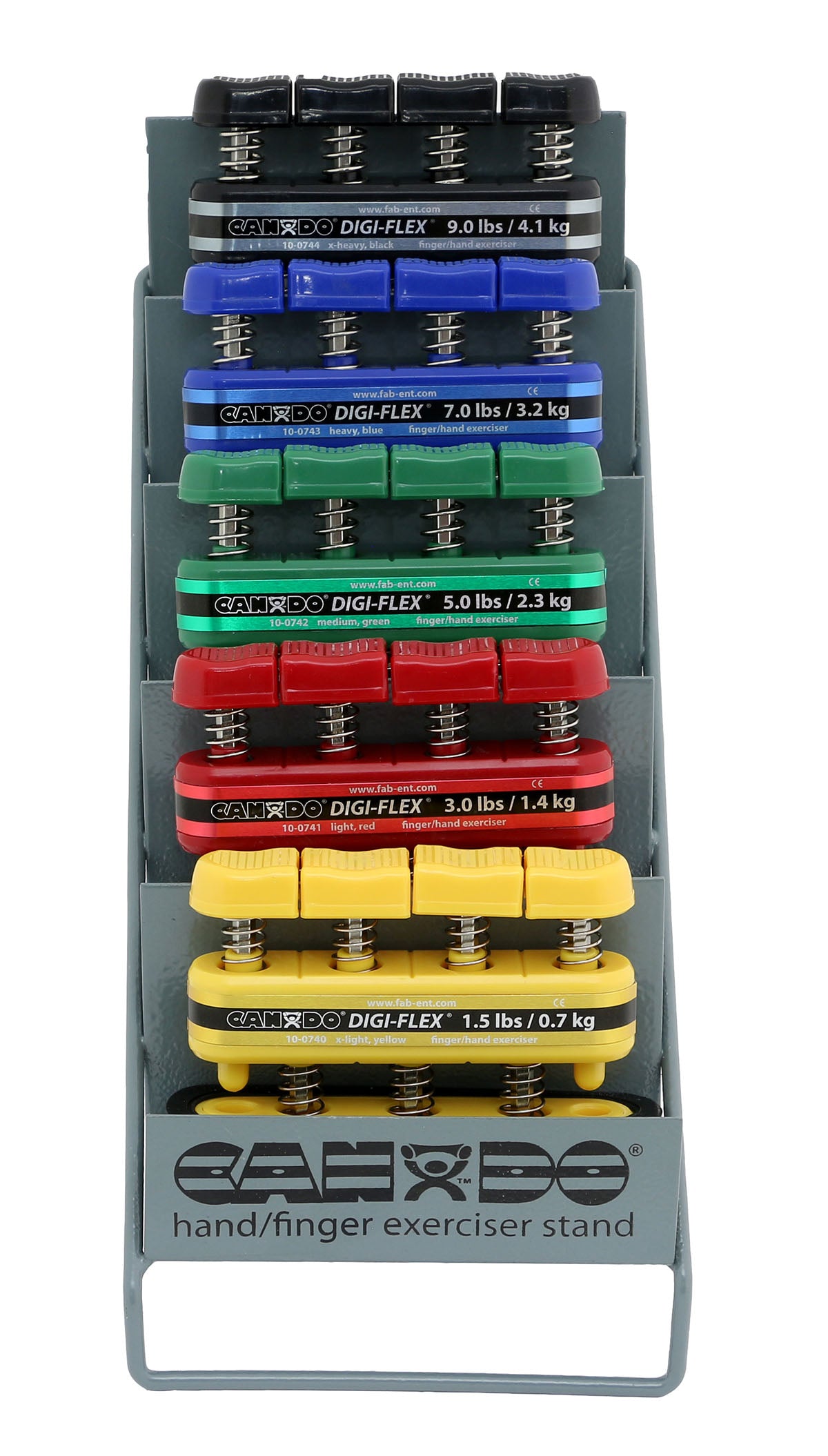 CanDo Digi-Flex hand exerciser - set of 5 (yellow, red, green, blue, black), with metal rack