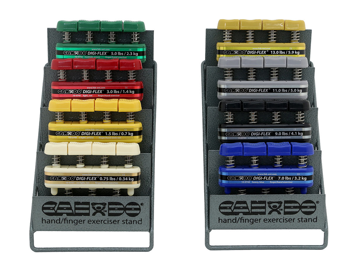 CanDo Digi-Flex hand exerciser - set of 8 (tan, yellow, red, green, blue, black, silver, gold), with metal rack