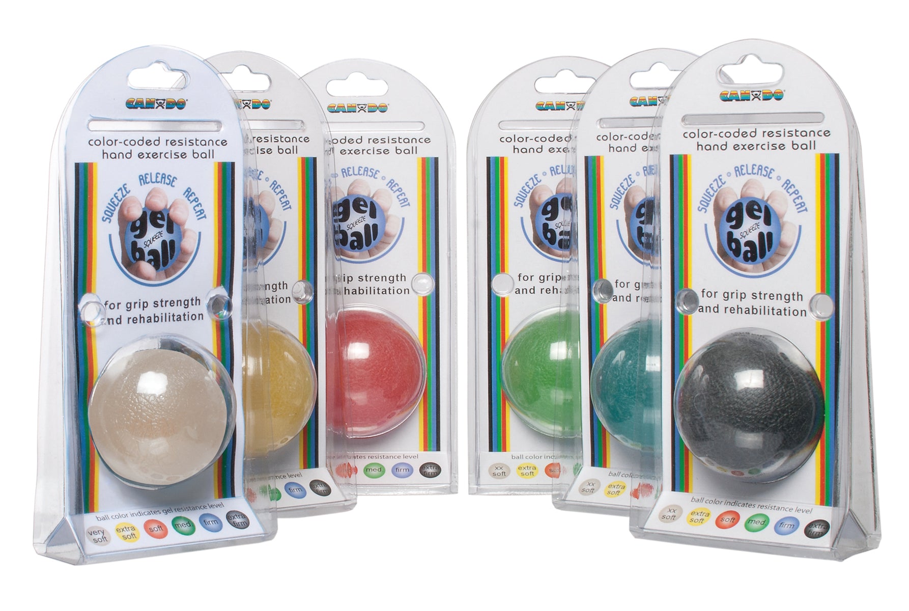 CanDo Gel Squeeze Ball, Standard Circular, 6-piece set (tan, yellow, red, green, blue, black)