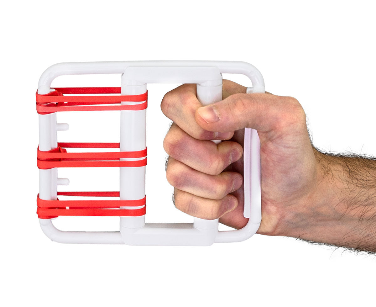 CanDo rubber-band hand exerciser, with 25 bands (5 each: tan, yellow, red, green, blue)