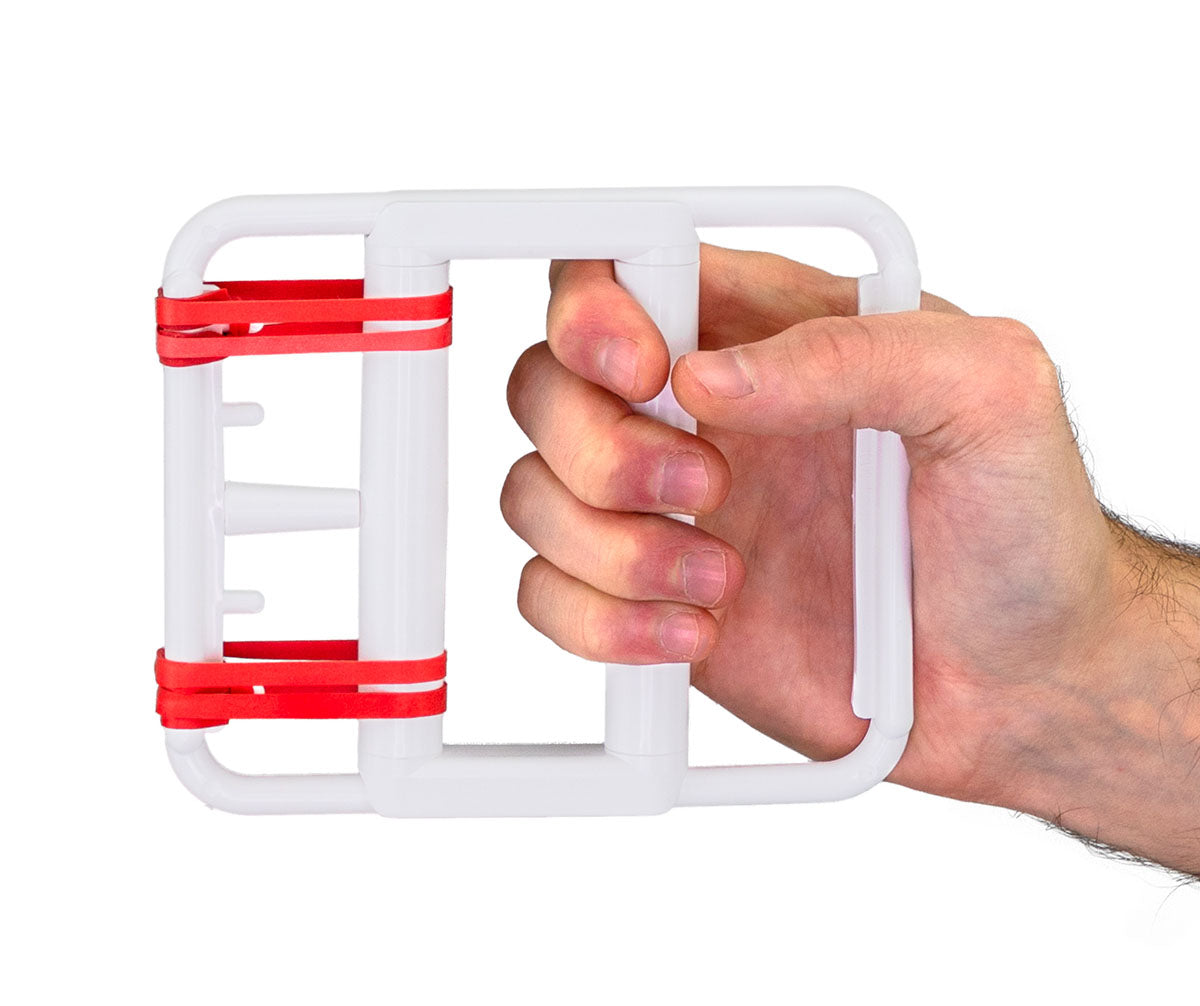 CanDo Latex Free rubber-band hand exerciser, with 25 bands (5 each: tan, yellow, red, green, blue)