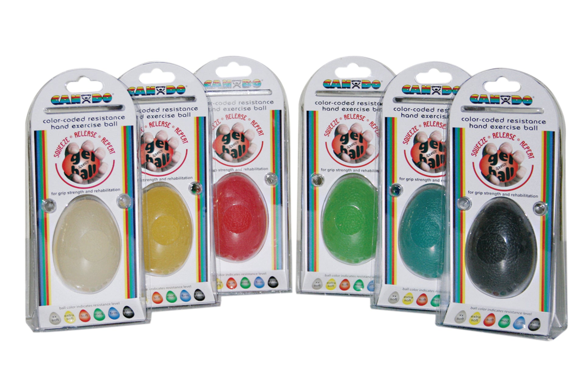 CanDo Gel Squeeze Ball, Large Cylindrical, 6-piece set (tan, yellow, red, green, blue, black)