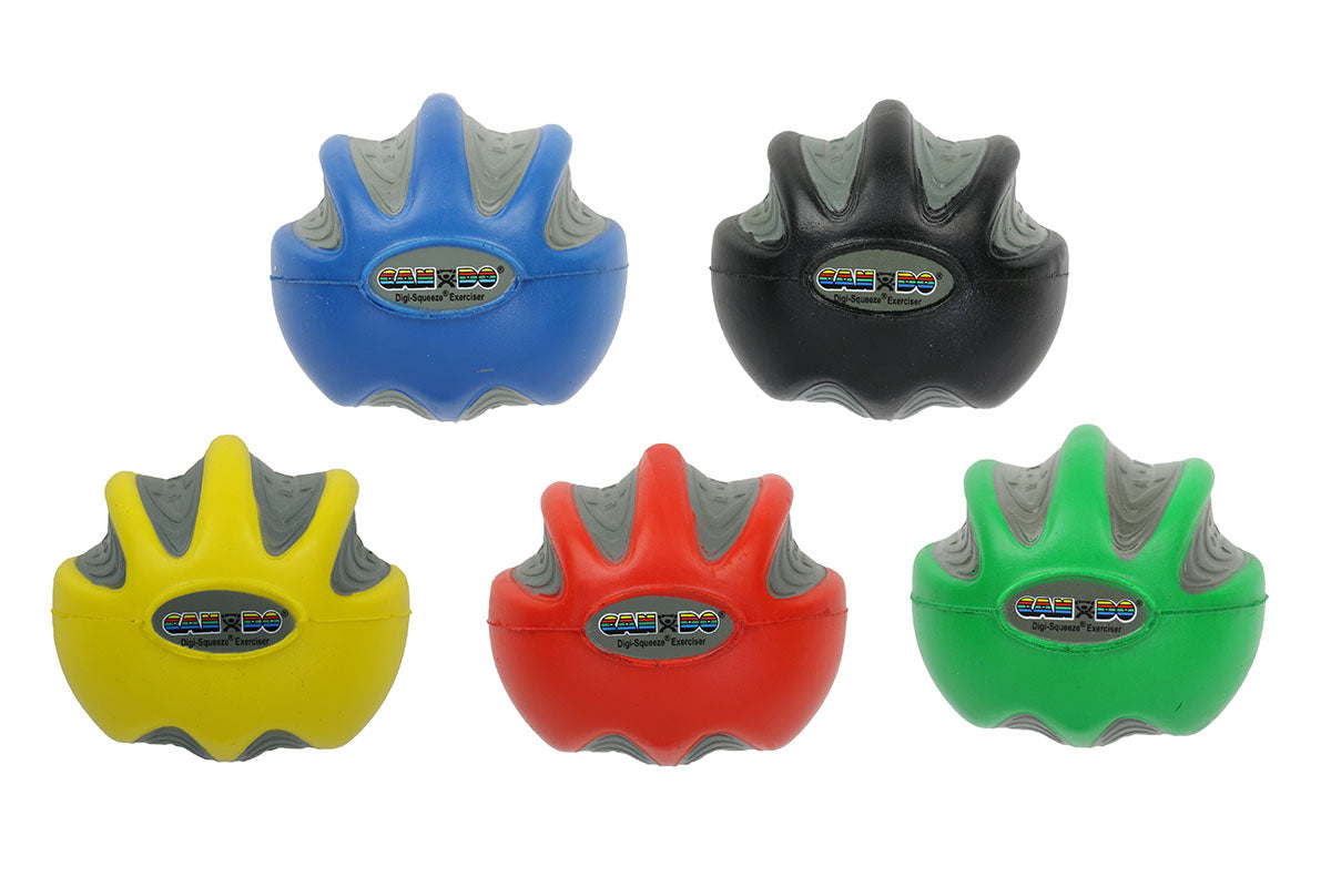 CanDo Digi-Squeeze hand exerciser - Medium - set of 5 pieces (yellow, red, green, blue, black), no rack