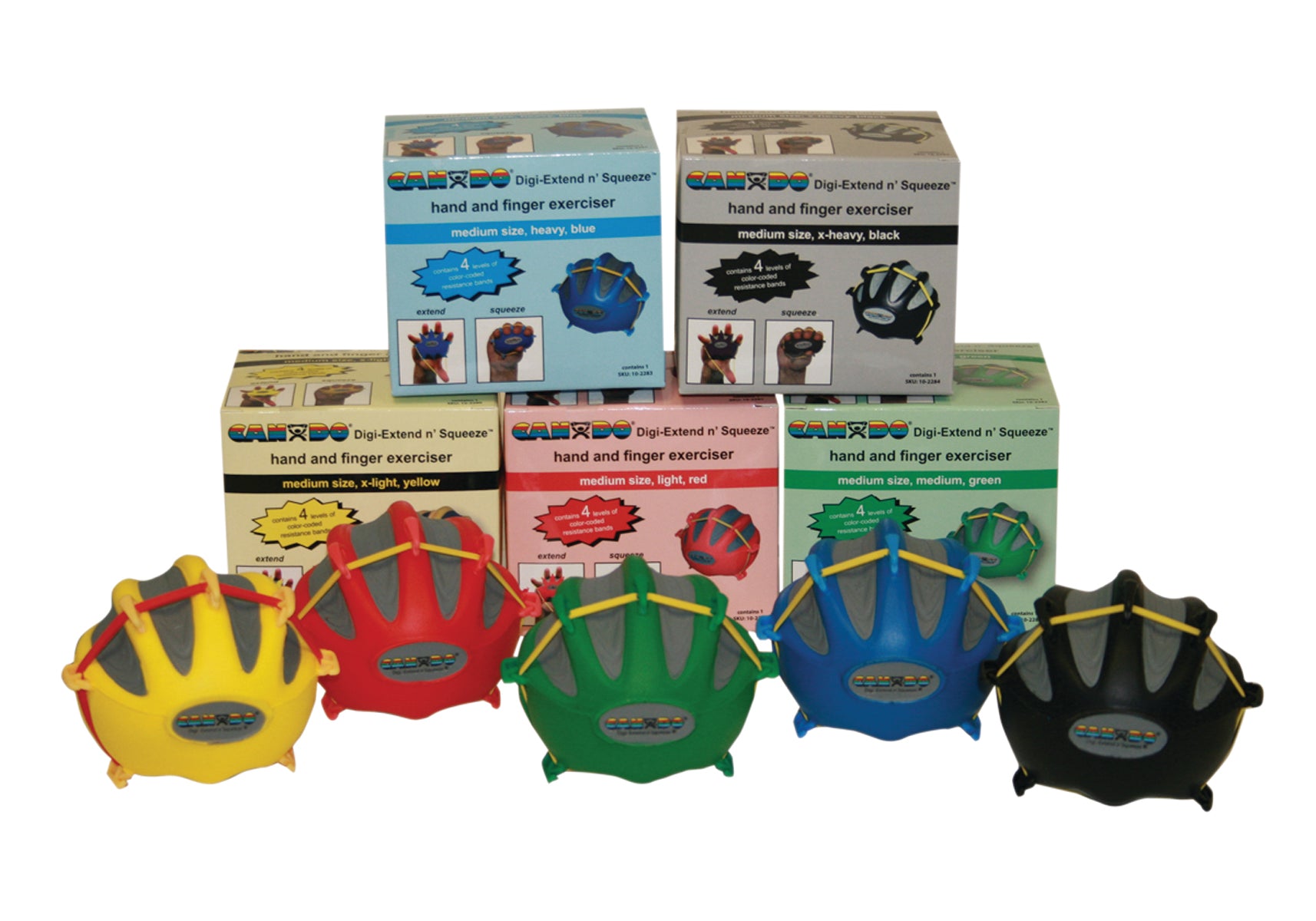 CanDo Digi-Extend n' Squeeze Hand Exerciser - Medium - 5-piece set (yellow, red, green, blue, black), no stand