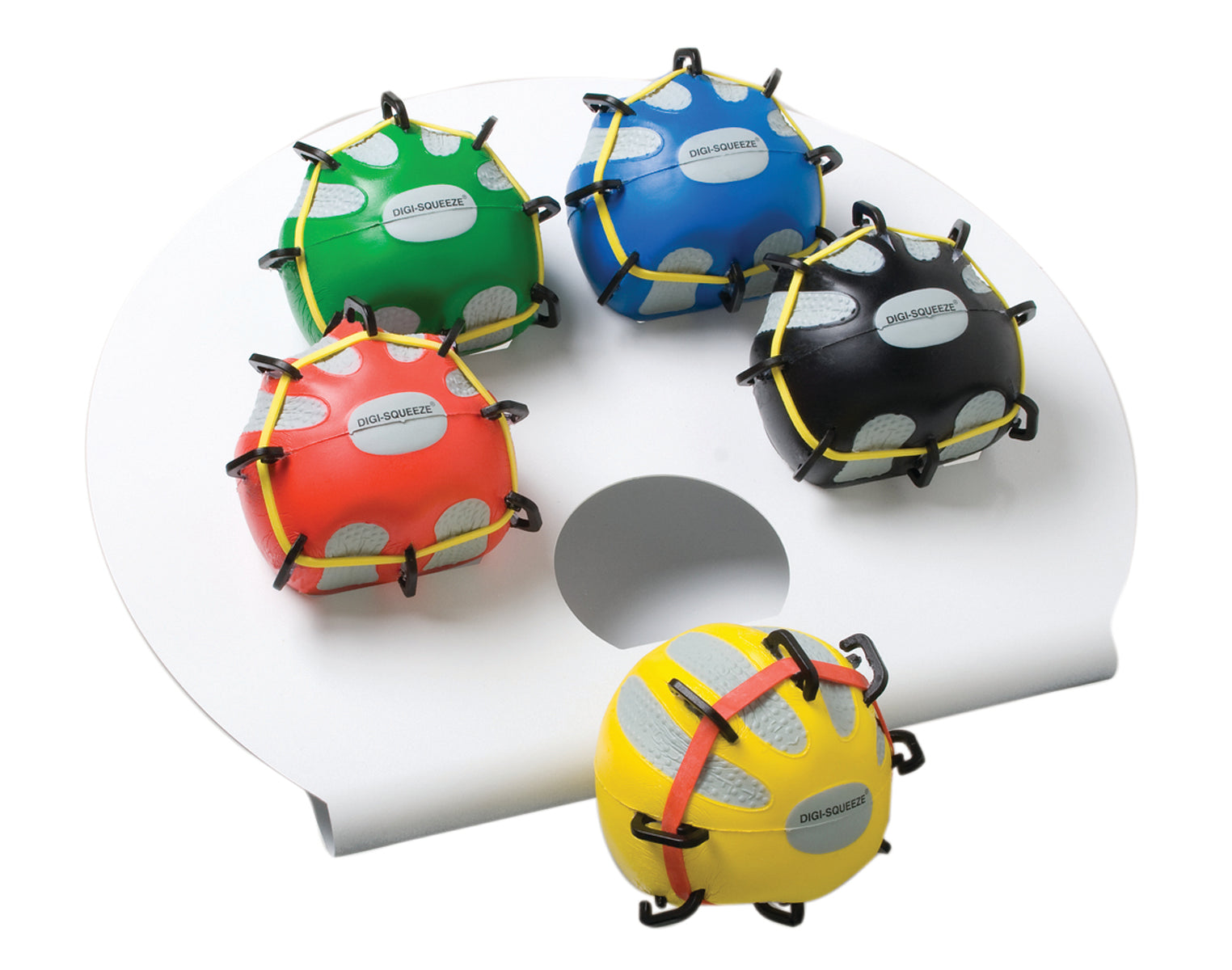 CanDo Digi-Extend n' Squeeze Hand Exerciser - Medium - 5-piece set (yellow, red, green, blue, black), with stand