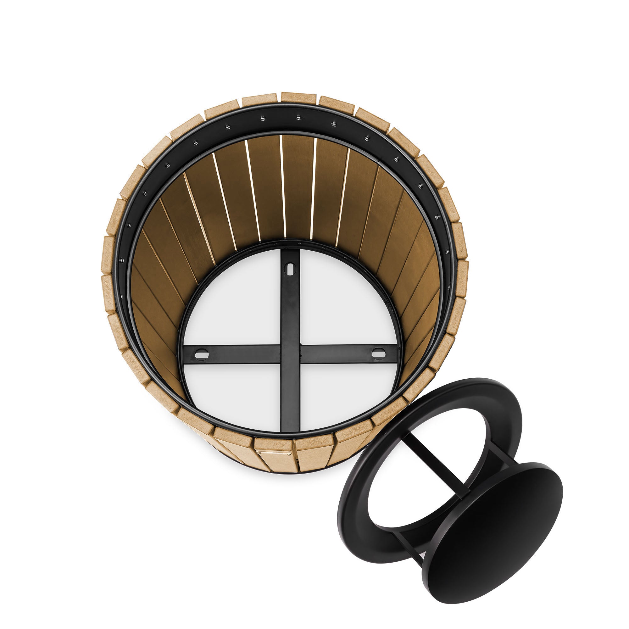 Round, 32-Gallon Outdoor Trash Container with Slatted Recycled Plastic Panels - Rain Bonnet Lid - Cedar
