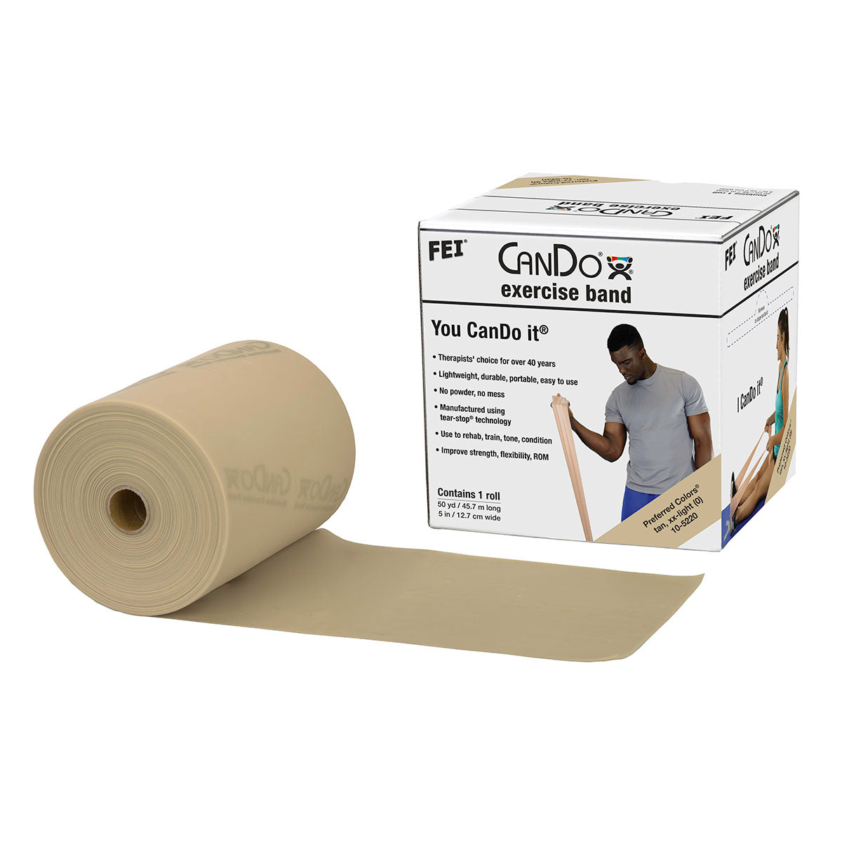 CanDo Low Powder Exercise Band - 50 yard roll - Tan - xx-light
