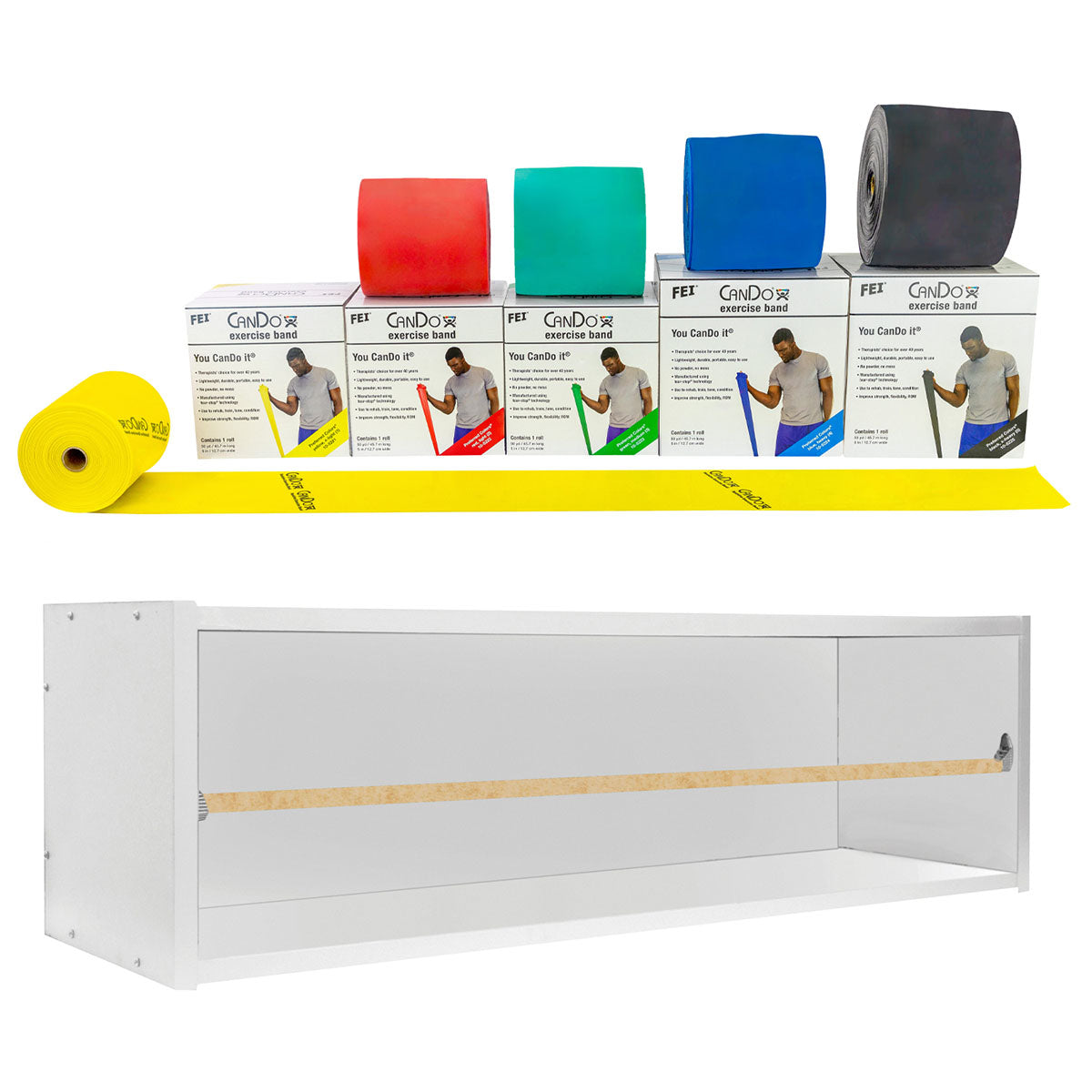 CanDo Dispens-a-Band exercise band rack, wood, 5 rolls, INCLUDING: 5 x 50 yard CanDo low powder set (yellow, red, green, blue, black)