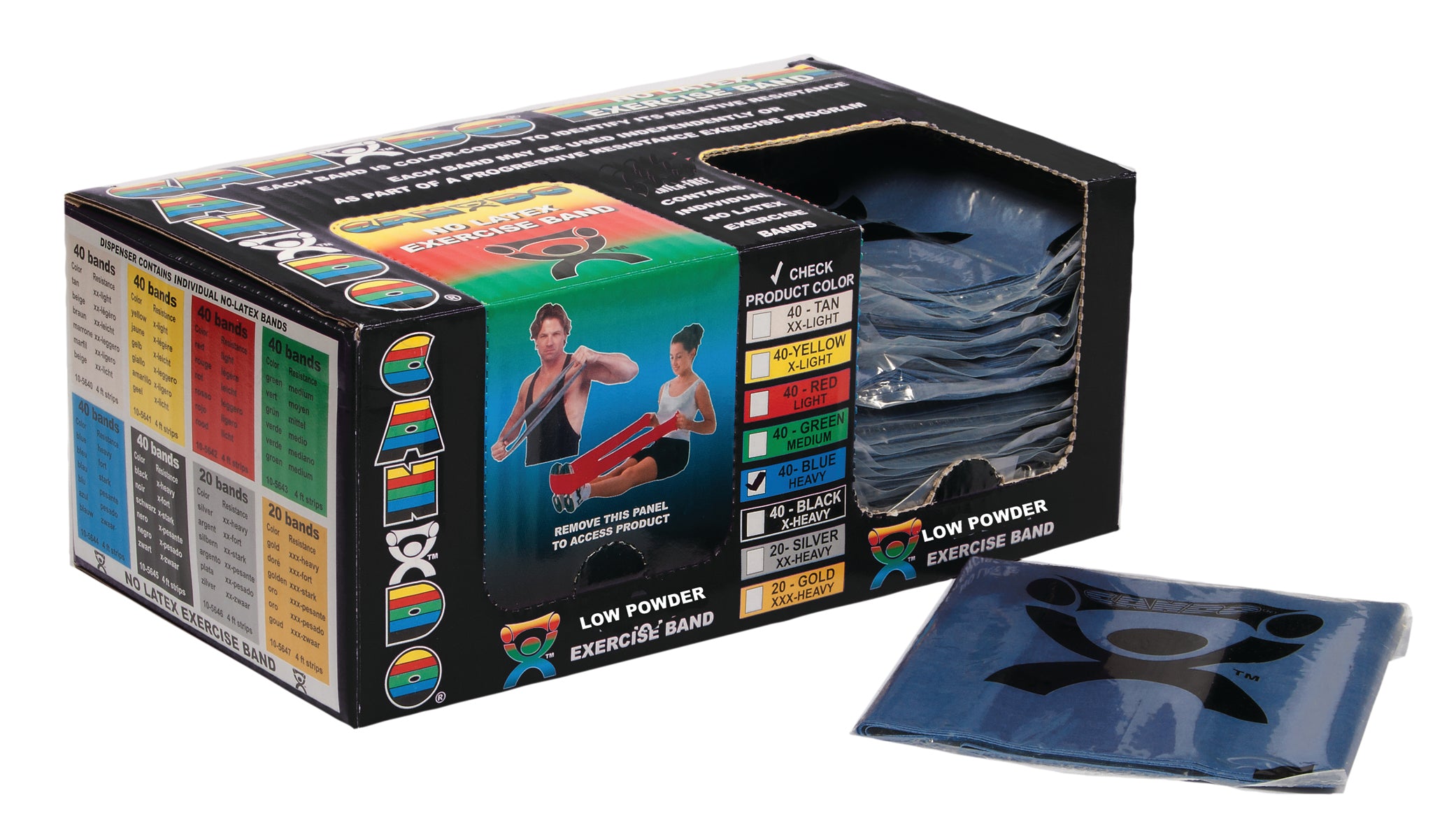 CanDo Low Powder Exercise Band - box of 40, 4' length - Blue - heavy