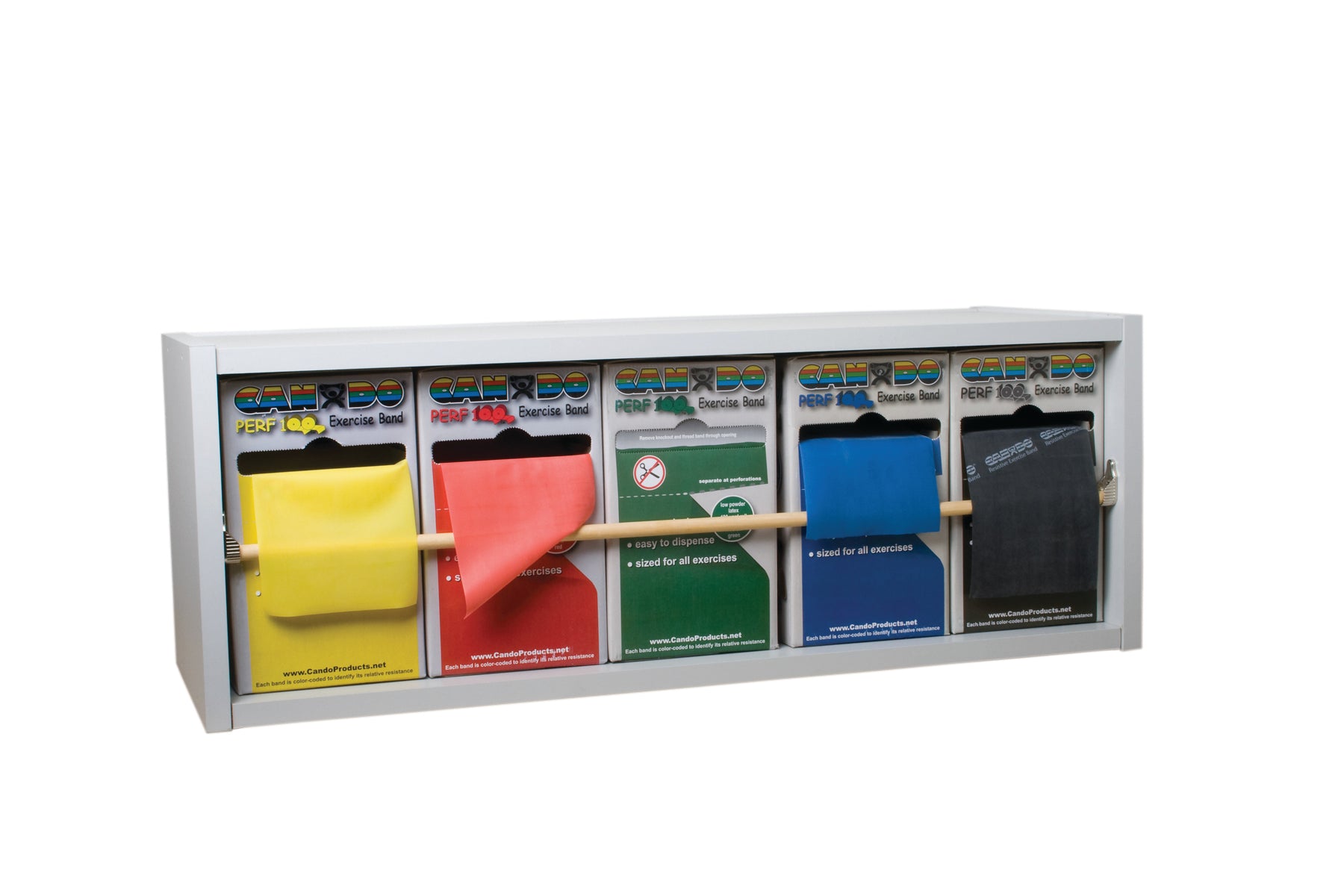 CanDo Dispens-a-Band exercise band rack, wood, 5 rolls, INCLUDING: 5 x 100 yard CanDo Perf 100 low powder set (yellow, red, green, blue, black)