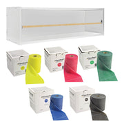 CanDo Dispens-a-Band exercise band rack, wood, 5 rolls, INCLUDING: 5 x 50 yard TheraBand latex set (yellow, red, green, blue, black)