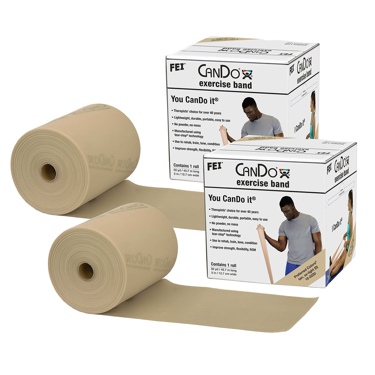 CanDo Low Powder Exercise Band - Twin-Pak - 100 yard (2 x 50 yard rolls) - Tan - xx-light