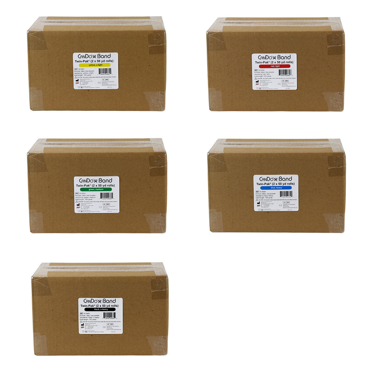 CanDo Low Powder Exercise Band - Twin-Pak - 100 yard - 5 color set (2 x 50 yard boxes of each color: Yellow, Red, Green, Blue, Black)