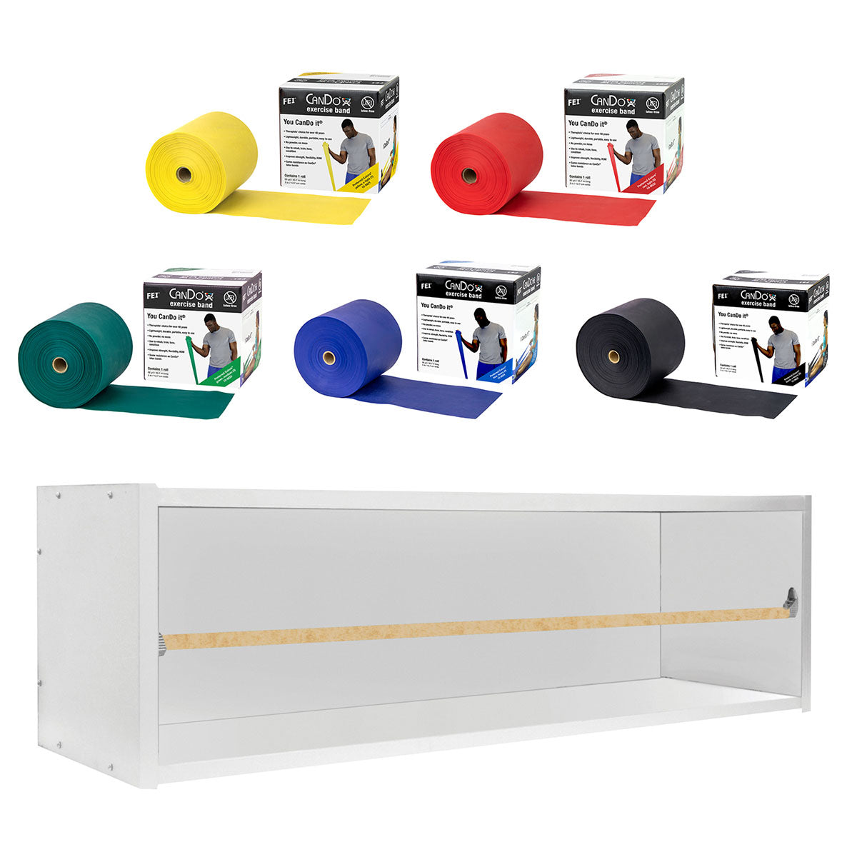 CanDo Dispens-a-Band exercise band rack, wood, 5 rolls, INCLUDING: 5 x 50 yard CanDo latex free set (yellow, red, green, blue, black)