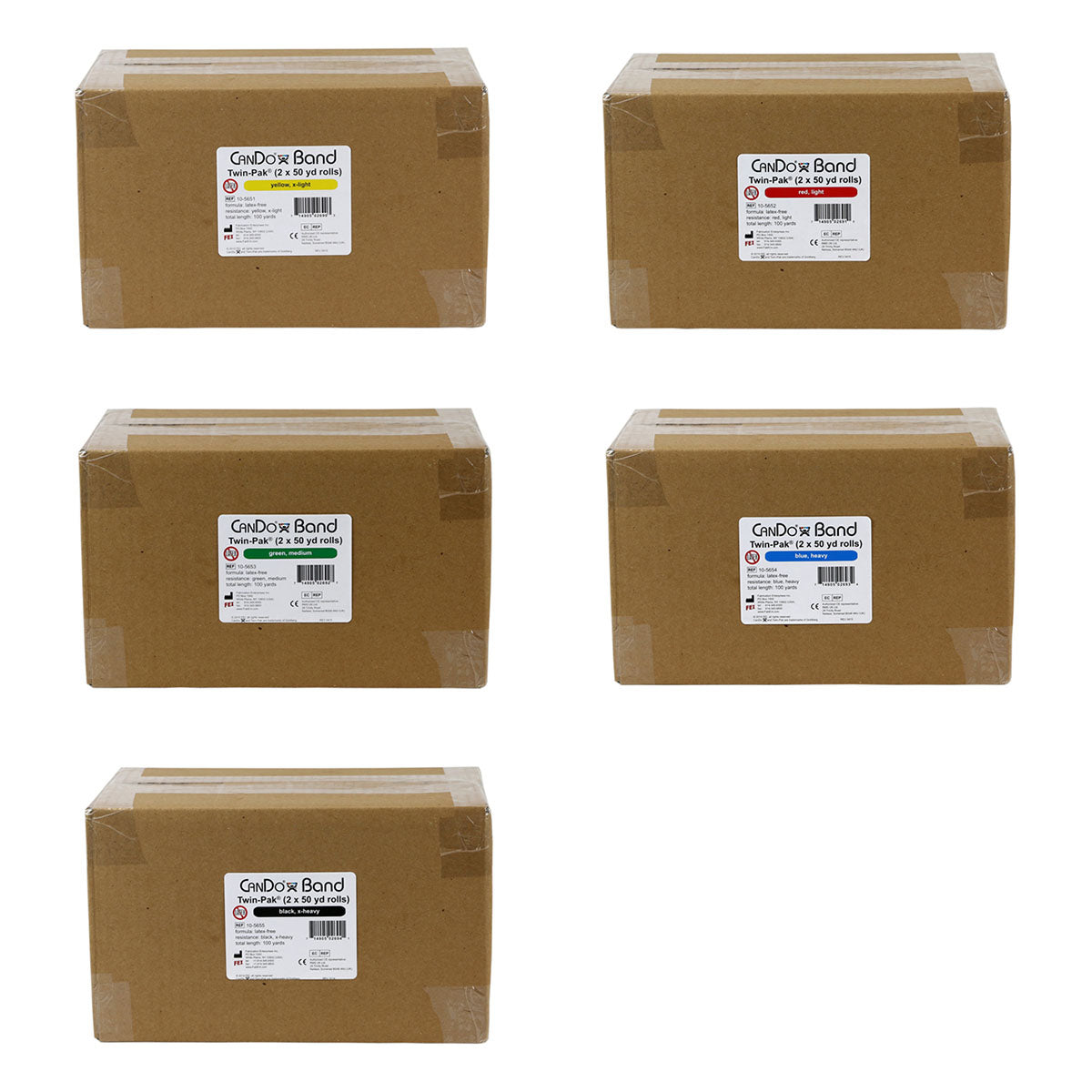 CanDo Latex Free Exercise Band - 100 yard (2 x 50 yard rolls), 5 piece set (1 each: yellow, red, green, blue, black)