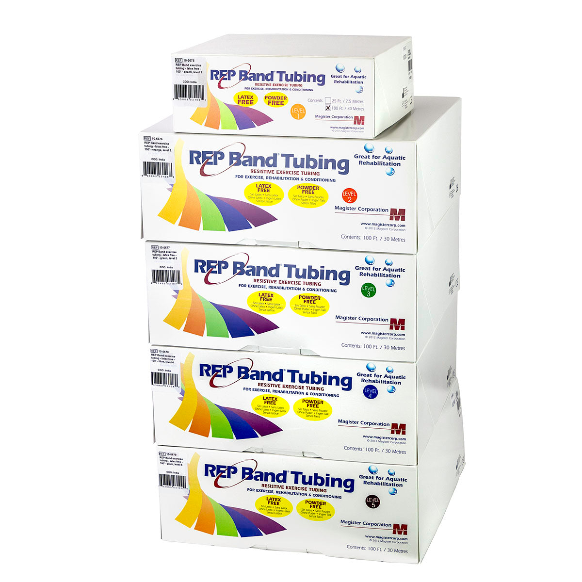 REP Tubing Latex Free Exercise Tubing, 100', Set of 5 (Peach through Plum)