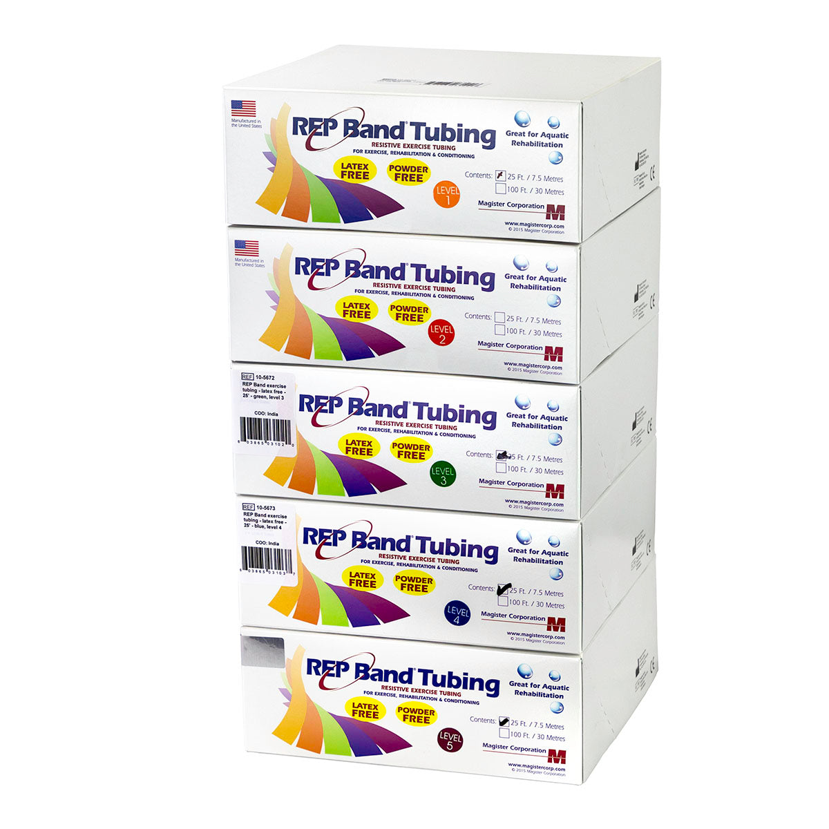 REP Tubing Latex Free Exercise Tubing, 25', Set of 5 (Peach through Plum)