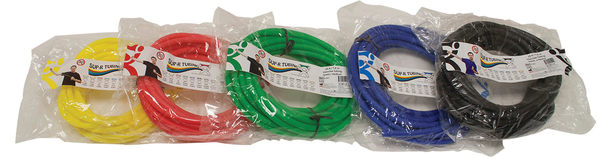 Sup-R Tubing - Latex Free Exercise Tubing - 25' rolls, 5-piece set (1 each: yellow, red, green, blue, black)