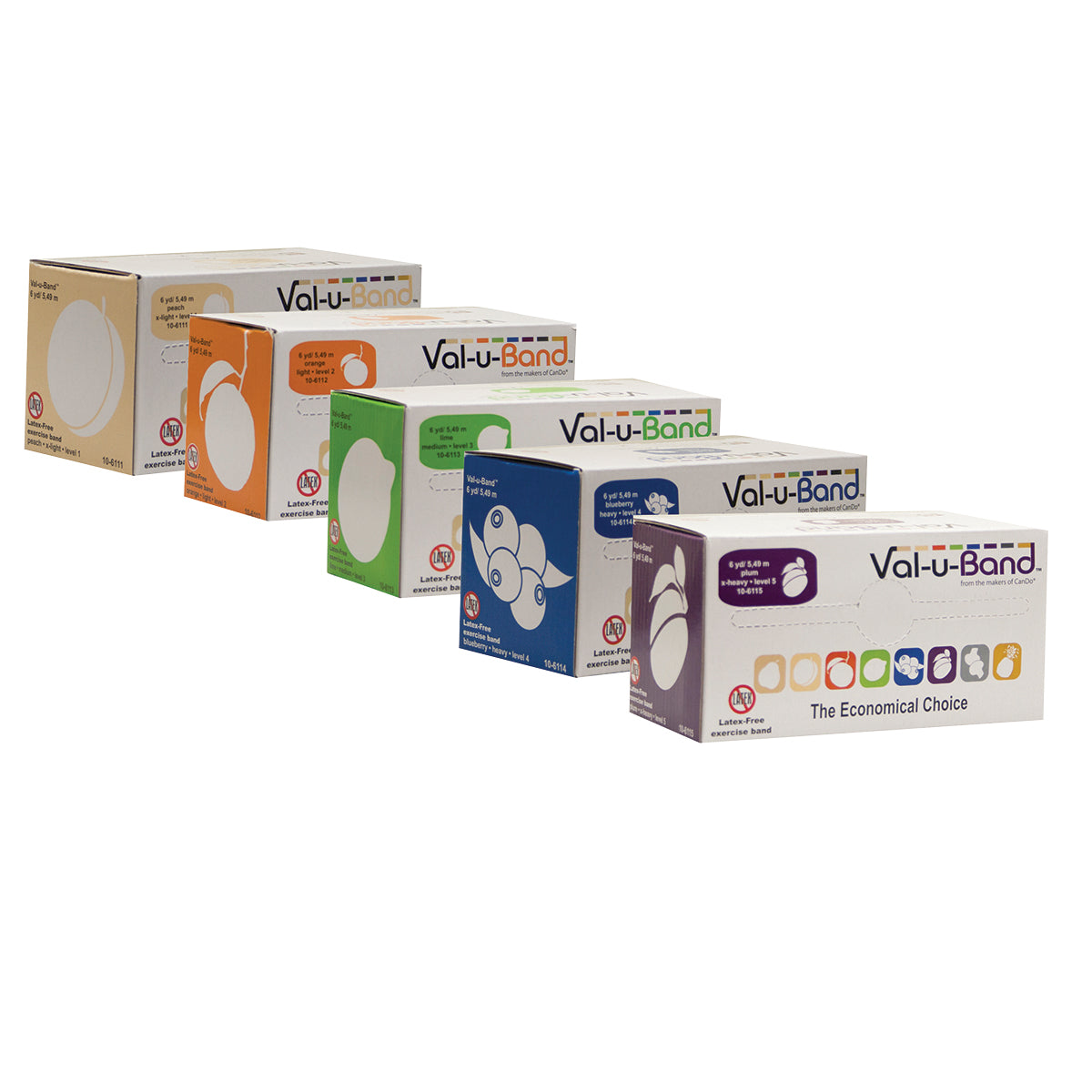 Val-u-Band Resistance Bands, Dispenser Roll, 6 Yds., 5-Piece Set, Peach, Orange, Lime, Blueberry, Plum, Latex-Free