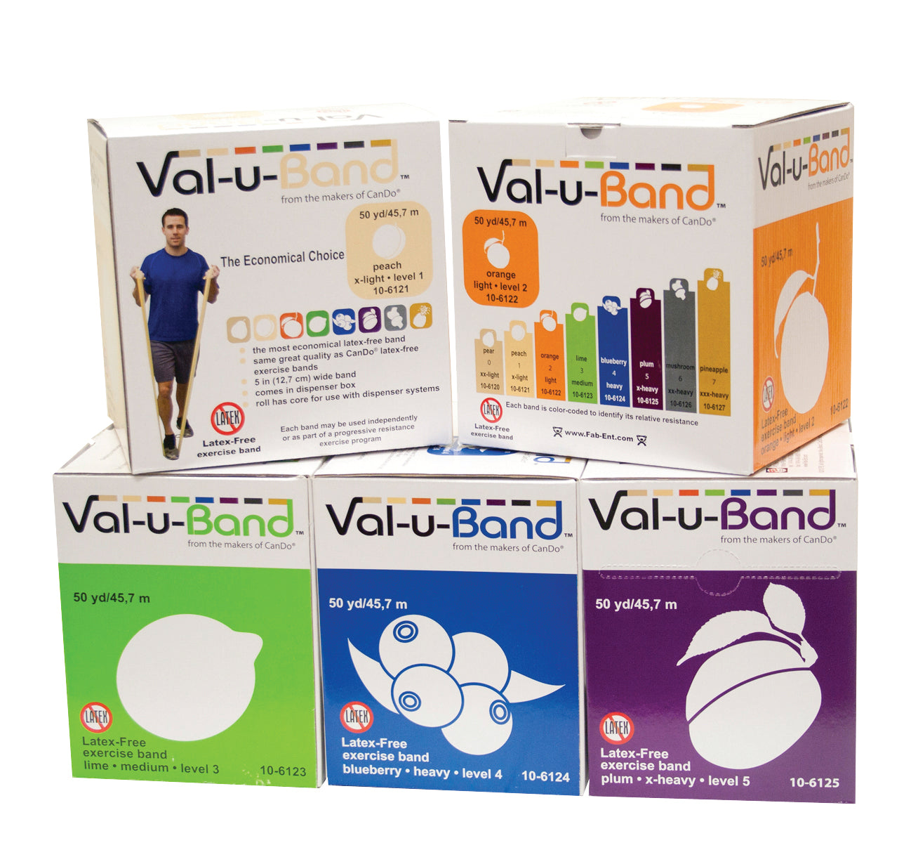 Val-u-Band Resistance Bands, Dispenser Roll, 50 Yds., 5-Piece Set, Peach, Orange, Lime, Blueberry, Plum, Latex-Free