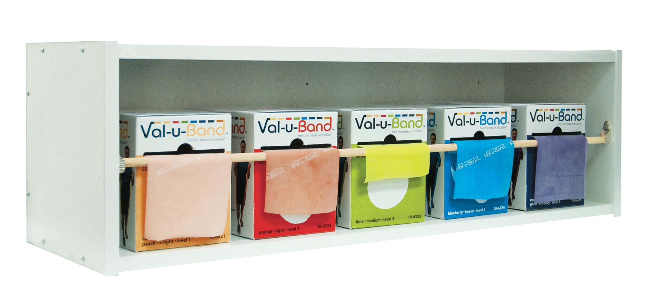 Val-u-Band Resistance Bands, Dispenser Roll, 50 Yds., 5-Piece Set, Peach, Orange, Lime, Blueberry, Plum, Dispenser Rack Included, Contains Latex