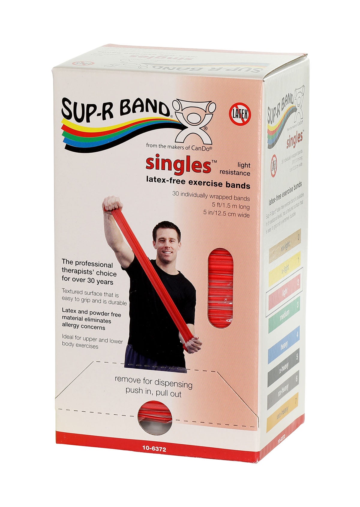 Sup-R band, latex-free, 5-foot Singles, 30 piece dispenser, red