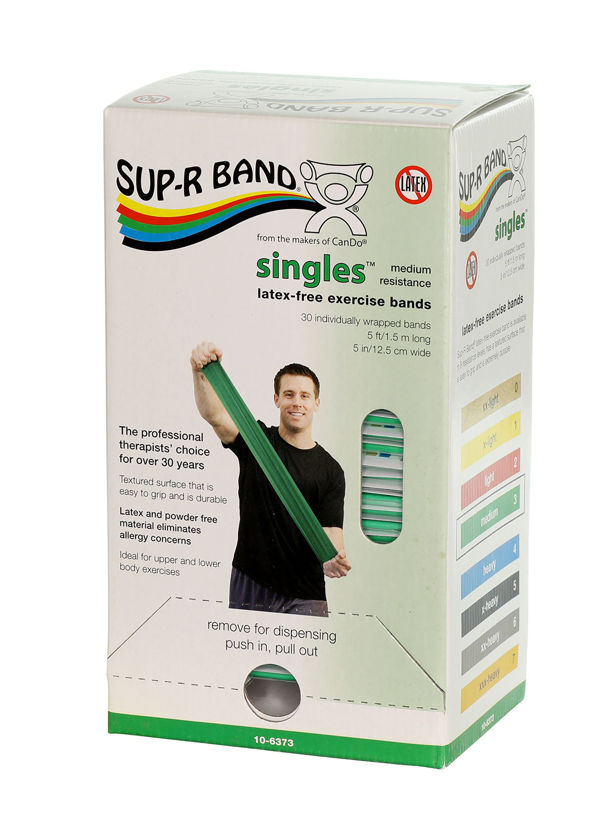 Sup-R band, latex-free, 5-foot Singles, 30 piece dispenser, green