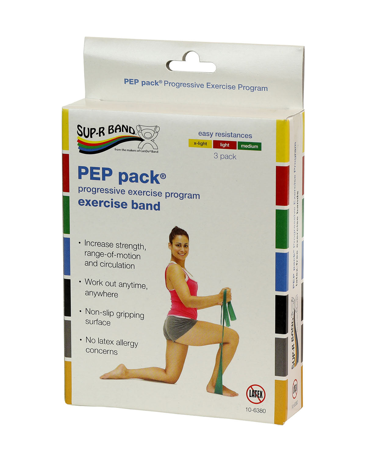Sup-R Band Latex Free Exercise Band - PEP pack, 3-piece set (1 each: yellow, red, green)