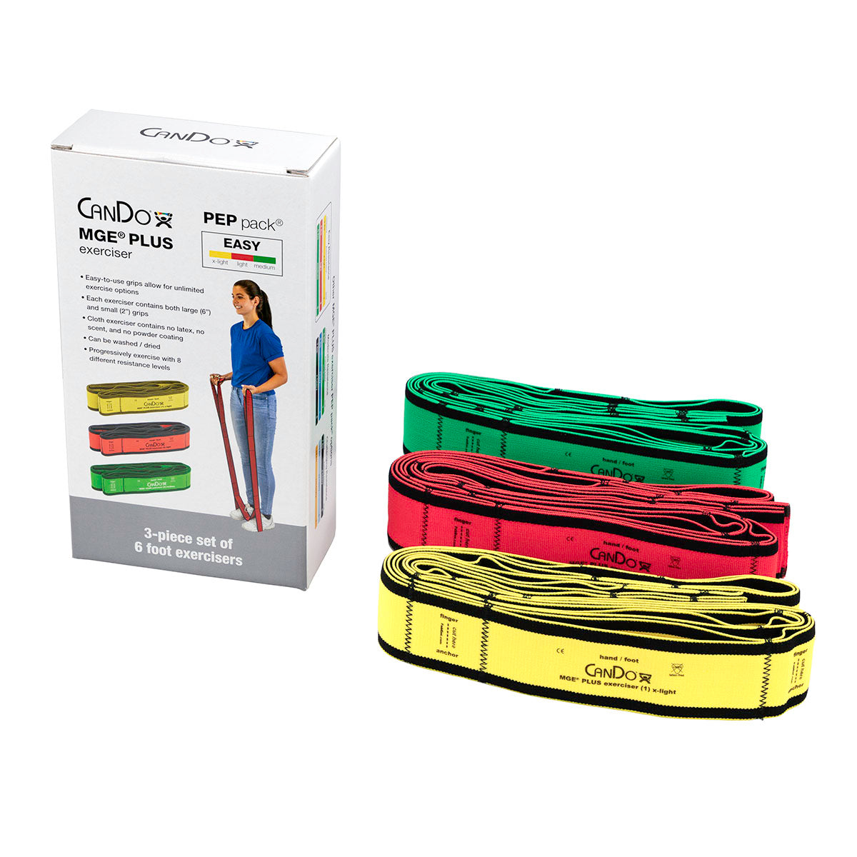 CanDo MGE Plus PEP Pack, 6 Foot Exerciser, 9 Loops, Easy (1 ea: Yellow, Red, Green)